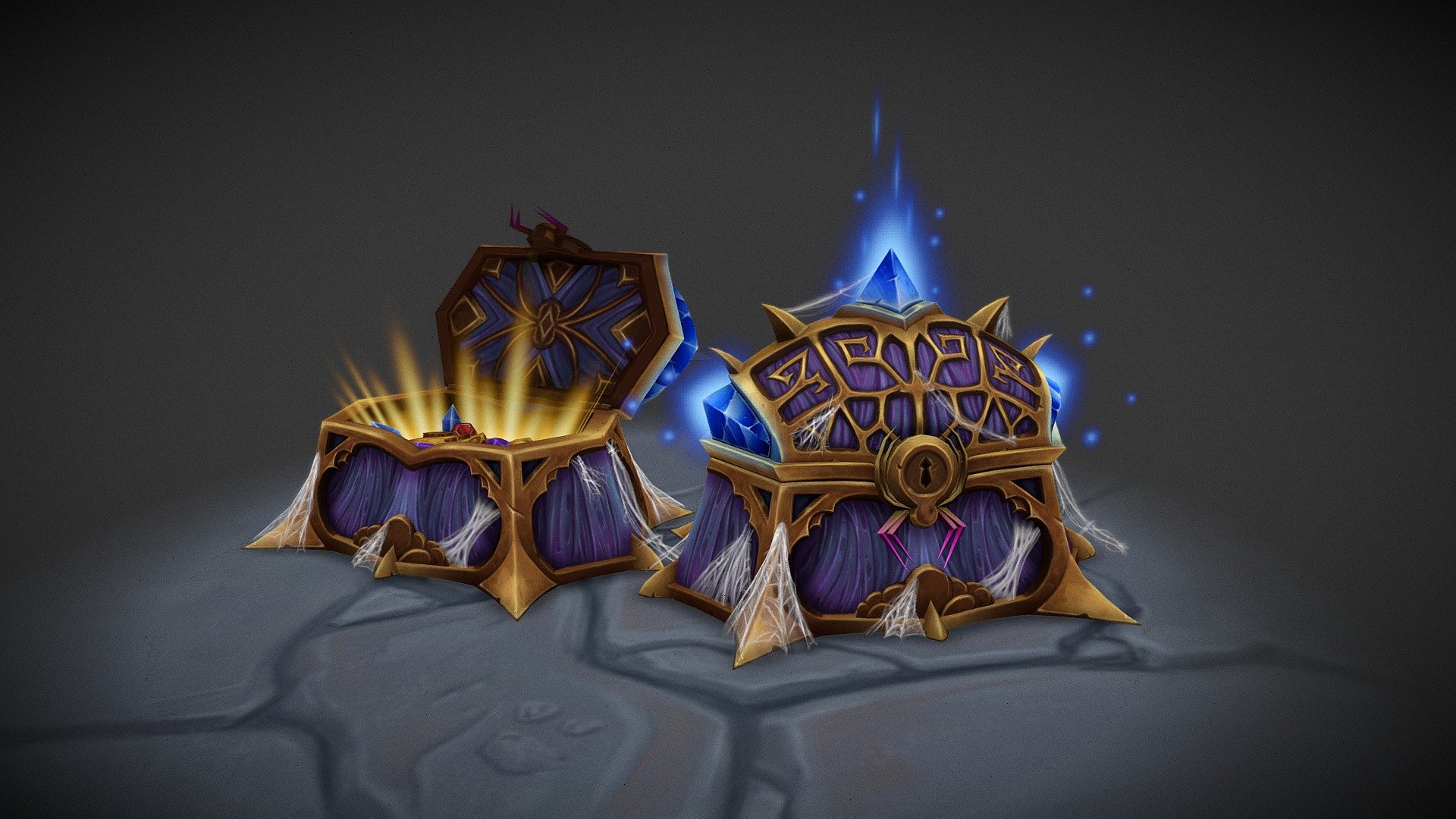 Warcraft style treasure chest using the Nerubians (humanoid spider race)  as a guide. All textures are handpainted diffuse. 1024 for the chest 3d model