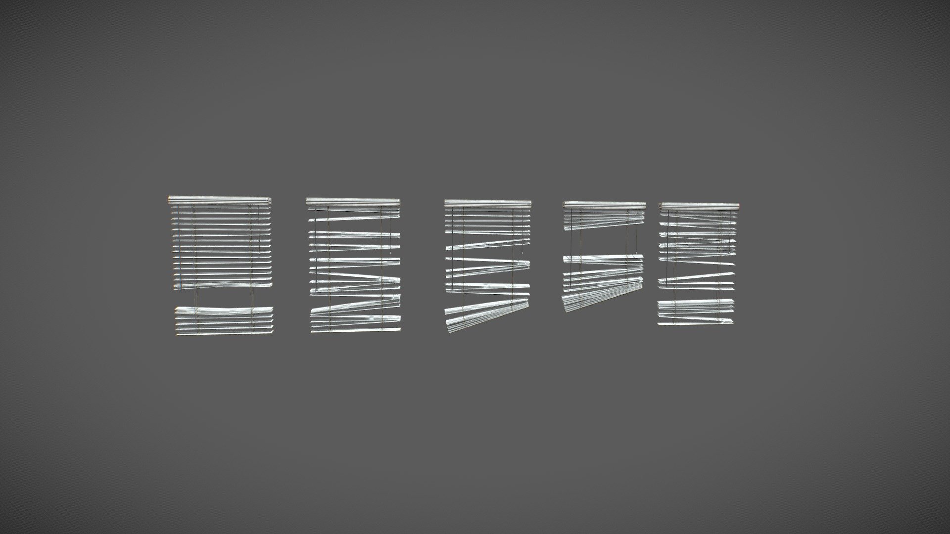 Lowpoly model! It has one 2k map (2048x2048) including ( Albedo, BaseColor, Basemap, Occlusion, Specular ,Glossiness, Metallic, Roughness, MaskMap and Normal ) in png format. It has detailed texture map and could also be used for some medium close-up shots,scenes ,renders and games. Textures are in zip file

Models has 2 LOD stages in fbx format

LOD0: 2640 tris

LOD1: 692 tris - Broken Blinds - Buy Royalty Free 3D model by Salex 3d model