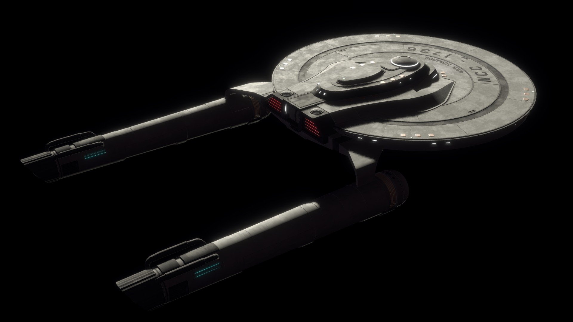 ^ Here is my most recent actual render of it ^
I'd say this is from sometime a little after TOS, with experimental Bridge shaping. THe nacels are TOS, but more detailed and stronger hull plating around sensitive areas (like the buzzard collectors).
Original Design be Robin Buter (Me haha) - U.S.S. Edwards | NCC - 1736 | Star Trek | WIP | - 3D model by Robin Butler (@StarTrekGuy) 3d model