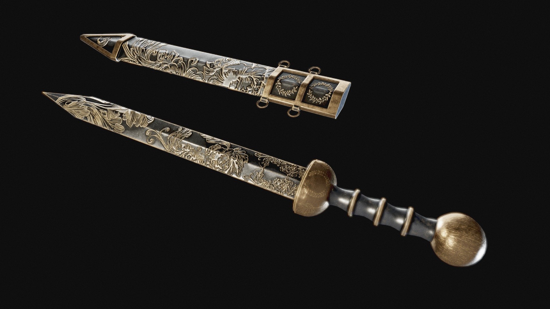 I wanted to create a high quality Roman Gladius weapon in Maya and ZBrush. I modelled the base in Maya then the high poly in ZBrush. Textured and rendered in Substance Painter. I used some floral alphas to create the design in zbrush to bake the high poly in substance painter 3d model