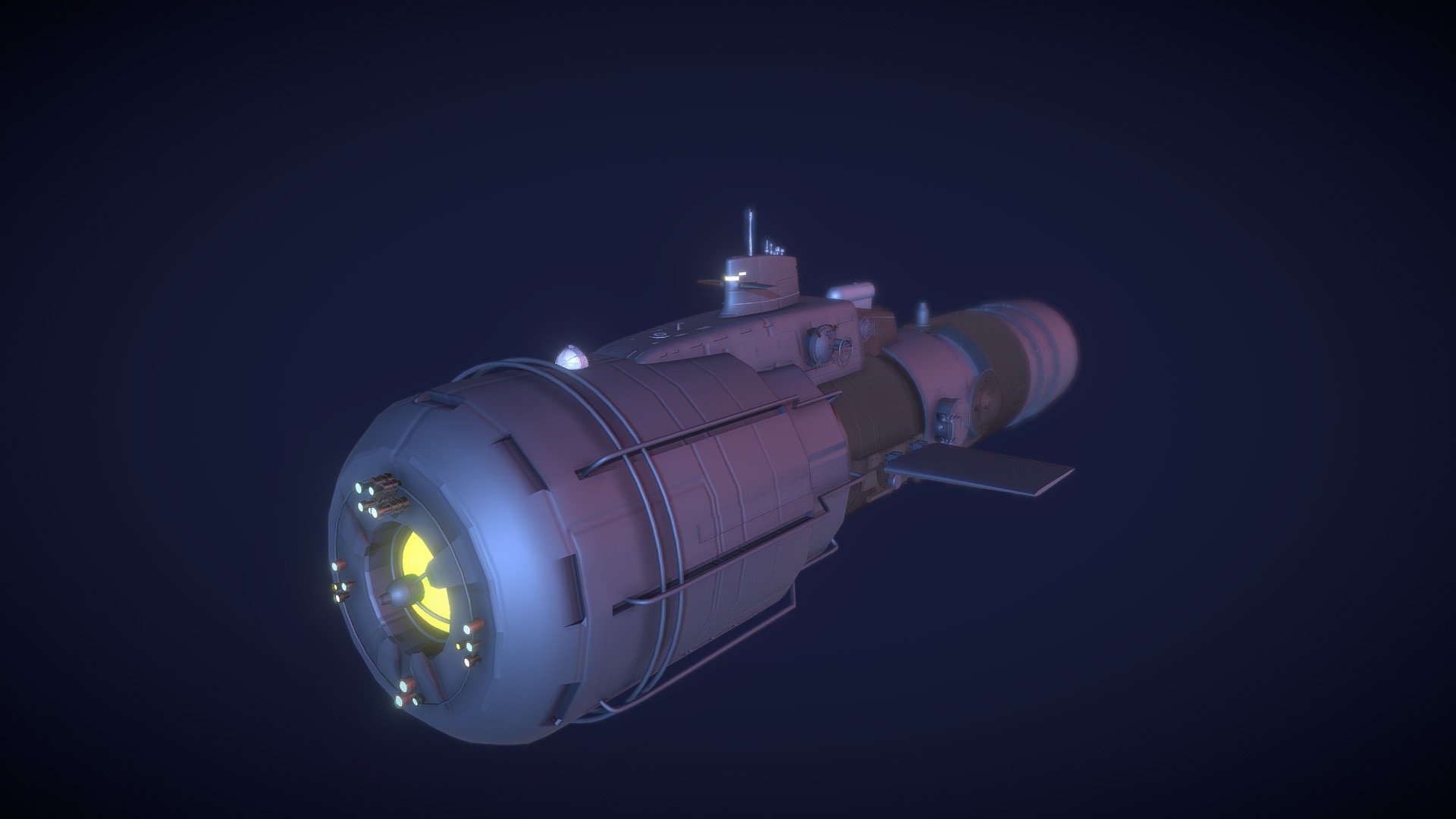 waterjet fantasy submarine
the model depicts a fantasy submarine powered by waterjets able to manoeuver in a really short space  by means of a Cardan joint.
  the model allows access to all parts so you can customize, or animate it to follow your neds 3d model