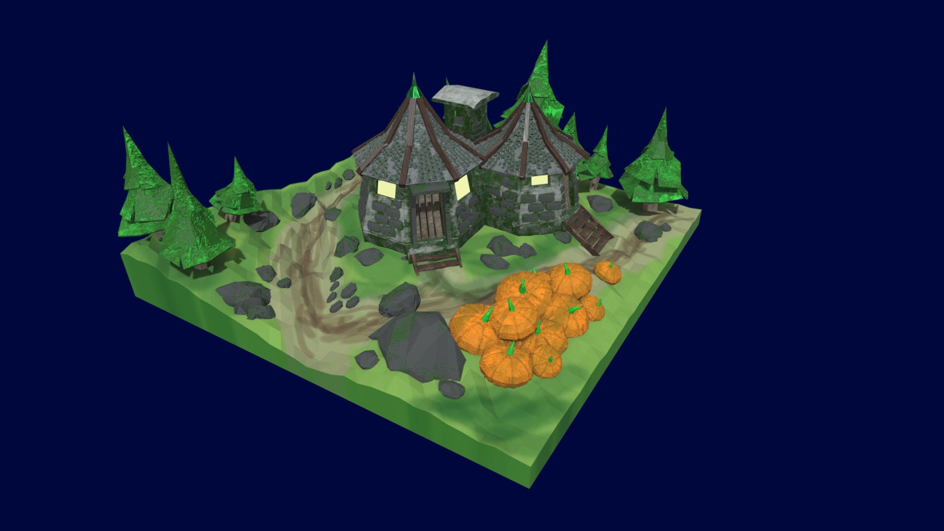 Hagrid's Hut served as a home to Rubeus Hagrid (and some of his pets, including Fang) during his years as Gamekeeper and teaching at Hogwarts School of Witchcraft and Wizardry. It is a small wooden cabin located outside of Hogwarts Castle, on the edge of the Forbidden Forest.

This is a modeling of Hagrid's Hut as a diorama. Made through low poly where we can see this next to some of the pumpkins that were grown near it and also some trees belonging to the edges of the castle's forbidden forest 3d model