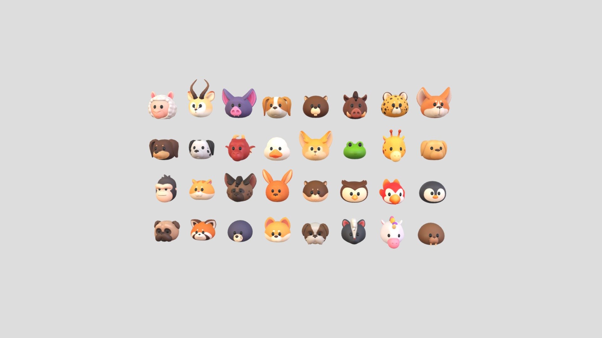 Animal Head Cartoon 3D models Pack 2 
32 Max and FBX files
and UnityPackage file




Alpaca 

Antelope 

Bat 

Beagle Dog 

Beaver 

Boar 

Cheetah 

Corgi 

Dachshund Dog 

Dalmatian Dog 

Dragon 

Duck 

Fennec 

Frog 

Giraffe 

Golden Retriever Dog 

Gorilla 

Hamster 

Hyena 

Kangaroo 

Otter 

Owl 

Parrot 

Penguin 

Pug 

Red Panda 

Seal 

Shiba Dog 

Shih Tzu Dog 

Skunk 

Unicorn 

Walrus
 - Pack005 Animal Head Pack 2 - Buy Royalty Free 3D model by BaluCG 3d model