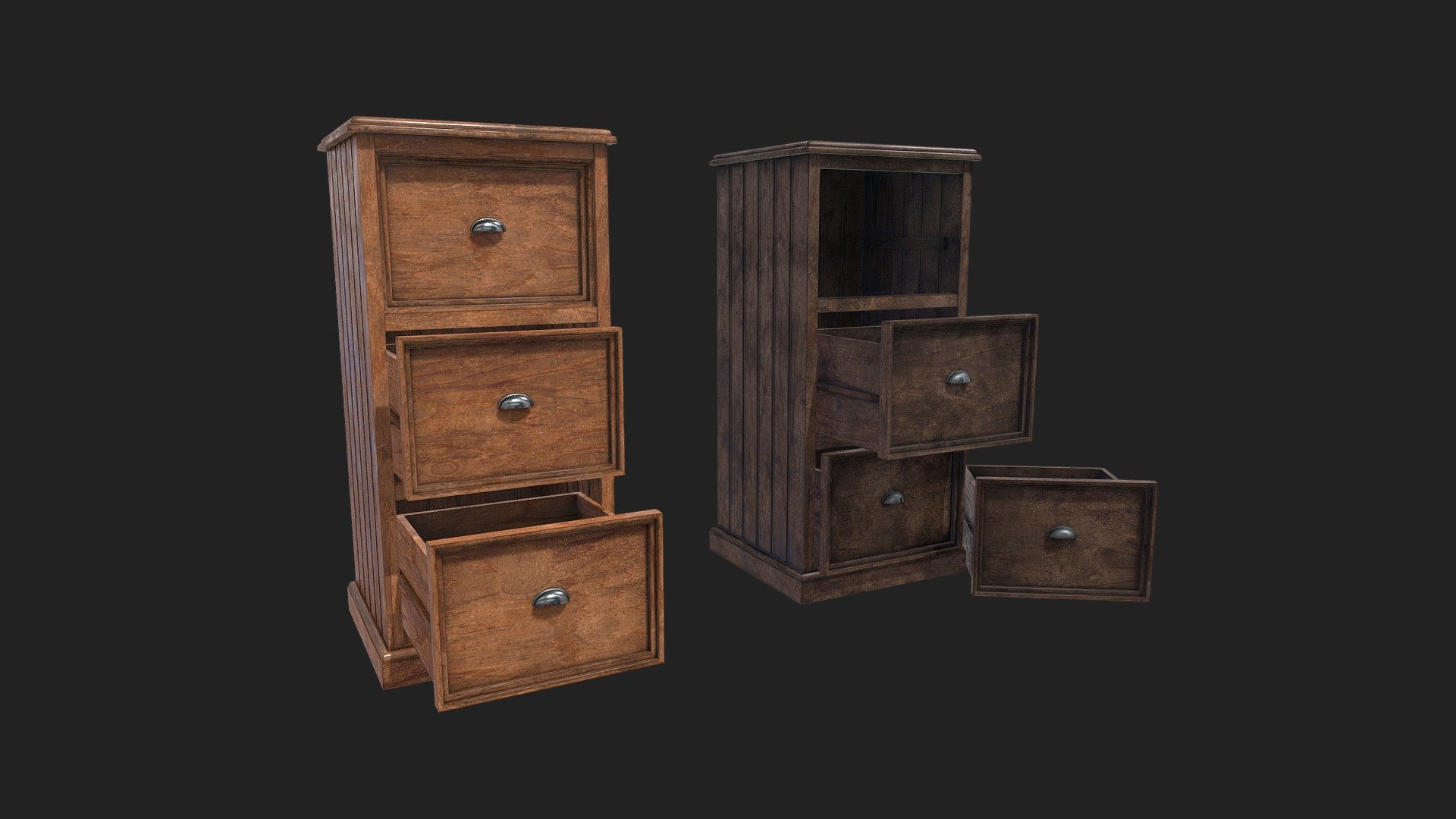 2x 2048x2048 texture packs (PBR Metal Rough, Unity HDRP, Unity Standard Metallic and UE):

PBR Metal Rough: BaseColor, AO, Height, Normal, Roughness and Metallic;

Unity HDRP: BaseColor, MaskMap, Normal;

Unity Standard Metallic: AlbedoTransparency, MetallicSmoothness, Normal;

Unreal Engine: BaseColor, Normal, Occlusion Roughness Metallic;

The package also has the .fbx, .obj, .dae and .blend files - Wood File Cabinet - Buy Royalty Free 3D model by Thiago Ferraro (@thiagoferraro) 3d model