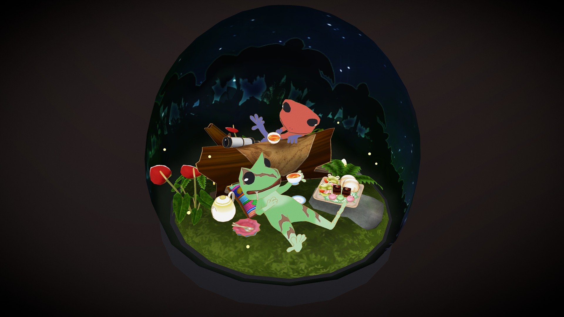 They are nocturnal and have a tea break at night.
I made various things to express the individuality of the frogs.
I hope you enjoy it from various angles! ;D - Froggies' Midnight Tea Break - 3D model by Mozukui (@redfrogman) 3d model