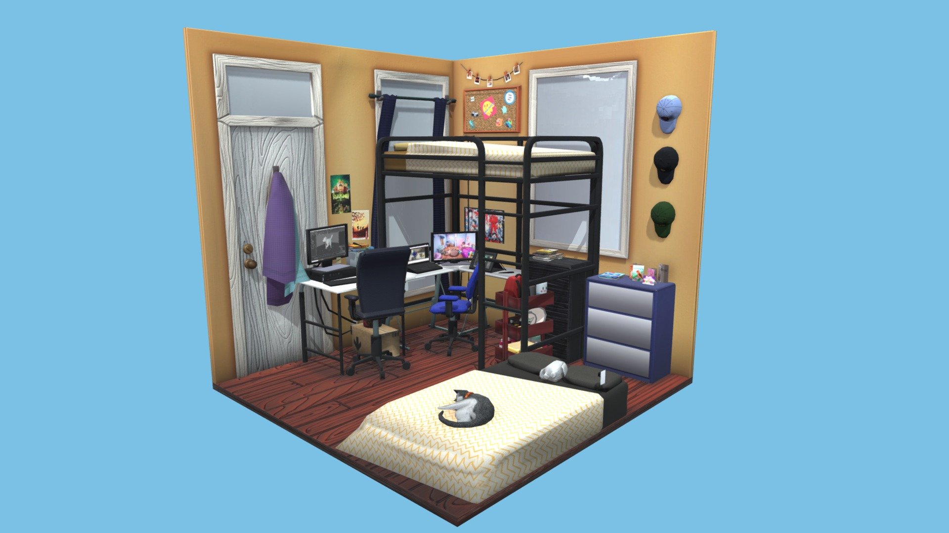 An isometric model capturing my former roommate and I's senior college bedroom! Some items were lost to keep the room 1x1, but otherwise this is what it looked like. Accurately cramped and cat-included.

See more of my work on Artstation at :
artstation.com/pcollins3d

And get the pins shown on the corkboard from BooJuice pins, my friend's company, on etsy @boojuicepins! - Isometric College Bedroom - 3D model by punkbunny 3d model