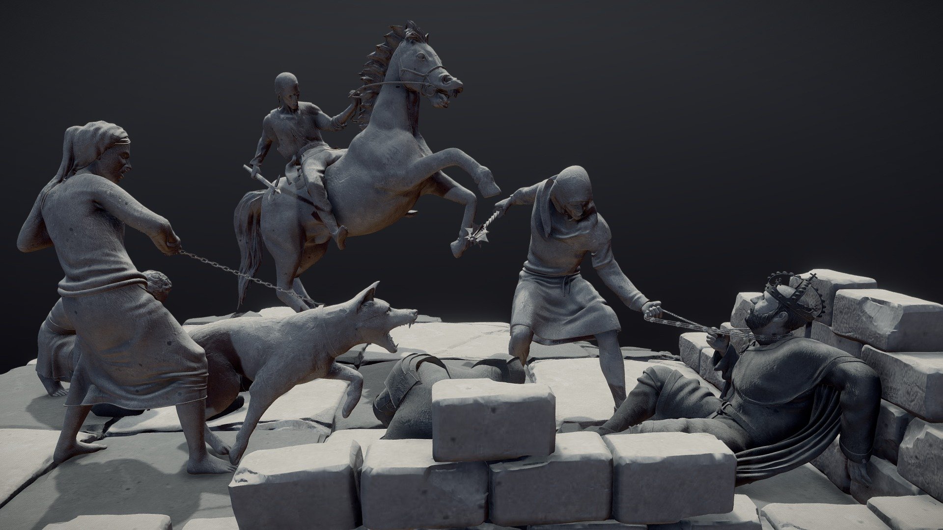 Pawn Mate - a diorama that I've made for a local arts gallery. 

Project description:
This chess move is somewhat symbolic as the pawn (generally considered the weakest piece) is, ironically, the one who deals the final blow to the king (the most important piece). 
The digital diorama shows a battle scene through which the pieces are brought back to &lsquo;life' in the form of dynamically-posed stone sculptures 3d model