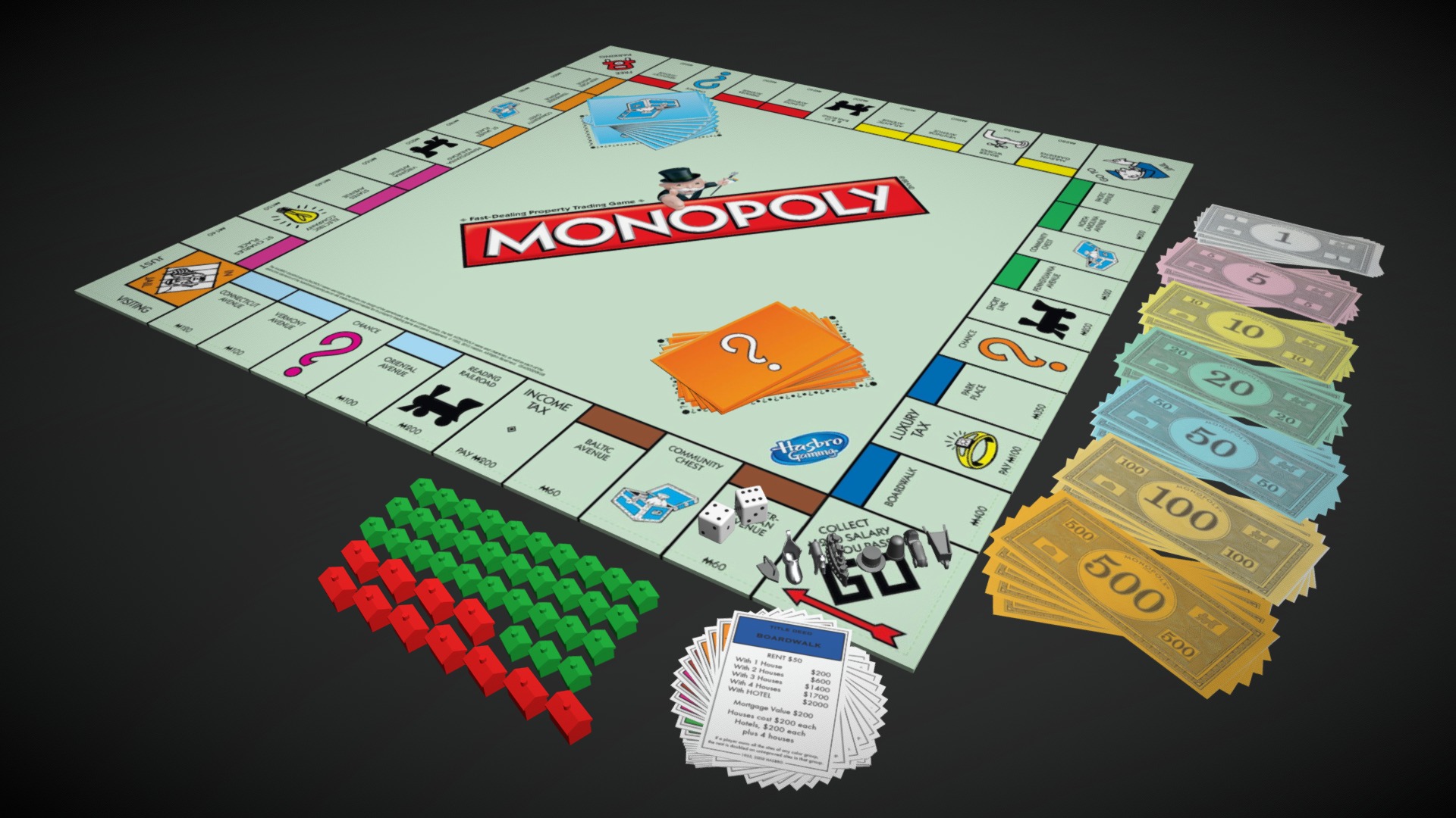 Monopoly Game Board

Includes all life size playing pieces, title deeds, dice, cards, and monopoly money.

Textures:
Deeds_Color.jpg
dice_bump.jpg
dice_color.jpg
Dog_Displacement.jpg
Dog_NormalMap.jpg
Monopoly_Board_Color.jpg
Monopoly_Money_Color.jpg
RailRoad_deeds.jpg
Shoe_Displacement

Please note that the chance cards and community chess cards only have an image on the back of the cards 3d model