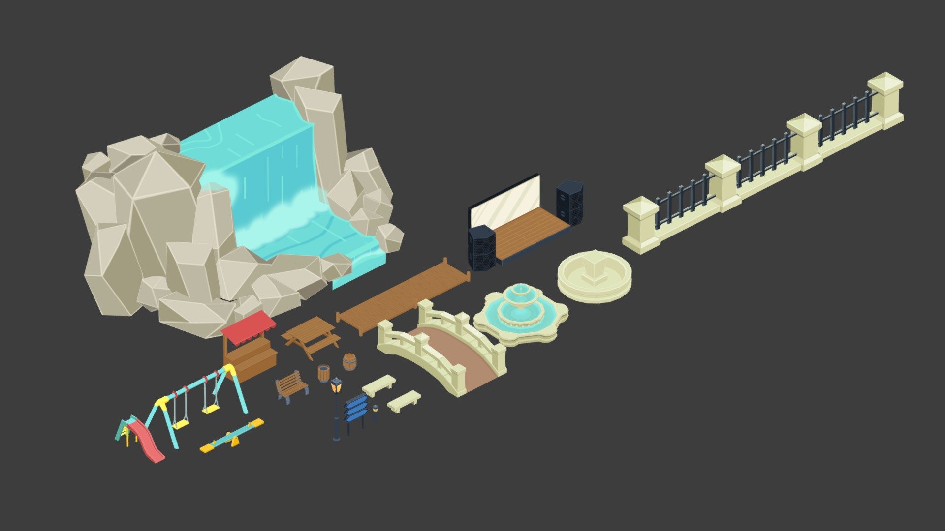 This is a pack of low poly Park assets bundle with hand painted textures. Suitable for apps, games, video, AR, VR.


This pack includes:

-Swing

-Slide

-Seesaw

-Stall

-Park Bench

-Bin

-Barrel

-Picnic Bench

-Wooden Pier

-Lamppost

-Metal Sign

-Garden Lamp

-Stone Bench

-Stone Bridge

-Stone Fountain

-Stone Wall

-Stage

-Waterfall
 - All Park Bundle Assets - Buy Royalty Free 3D model by zephyrin 3d model
