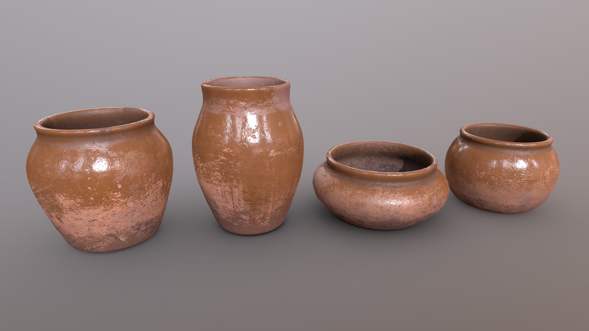 3d model is low poly and game-ready.

Real scale - Units: cm: Pot1 ~ 11.2 x 11.2 x 10.7 cm / Pot2 ~ 9.93 x 9.93 x 13.2 cm / Pot3 ~ 13.1 x 13.1 x 5.93 cm / Pot4 ~ 10.6 x 10.6 x 7.57 cm.

Formats:




.blend (Mesh + material (Principled BSDF) + Textures PBR - Roughness/Metallic) - Blender (ver. 2.92.0).

.tbscene (Mesh + Textures PBR) - Marmoset Toolbag 3 (Ver 3.08).

.FBX (only mesh without materials) - exported from Blender.

.obj (Triangulated, only mesh without materials) - exported from Blender.

.glb (Triangulated, Mesh + Textures PBR (compressed in format)) - exported from Marmoset Toolbag 3.

.gltf ( Triangulated, Mesh + Textures PBR - .jpg ) - exported from glTF Tools Visual Studio Code.

.unitypackage (Triangulated, Mesh + Textures - .tga) - exported from Marmoset Toolbag 3 and FBX mesh from Blender.

.FBX for Unity (only mesh without materials, up = Y Up) 3d model
