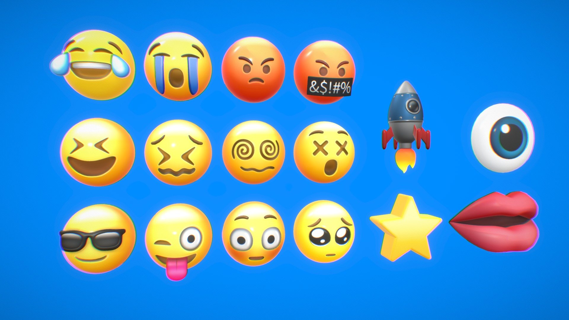 3D Emojis created for my personal project.
Made in Autodesk Maya and Substance Painter. 

Pack includes:
- 16 emojis in FBX 
- non-overlap UVs
- 2048X2048 PBR textures

If you need less or different combination of these emojis, you can contact me via my email for further dicussion. 

Email: h85073037@gmail.com - Emoji_Pack01 - Buy Royalty Free 3D model by EvanChiu 3d model
