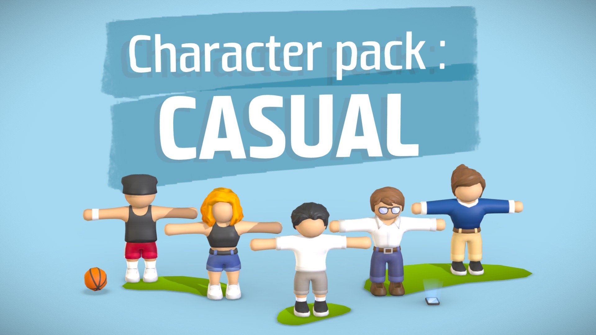 This low poly character pack contains 5 animation ready characters and their accessories.

Example scene here https://skfb.ly/oJMov

Texture size : 1024x1024 | Style : low poly / hyper casual / cartoon / gradient map

Feel free to contact me for any special request ☺️ - Low poly character pack : casual 🧍‍♂️ (Rigged) - Buy Royalty Free 3D model by whyplash 3d model