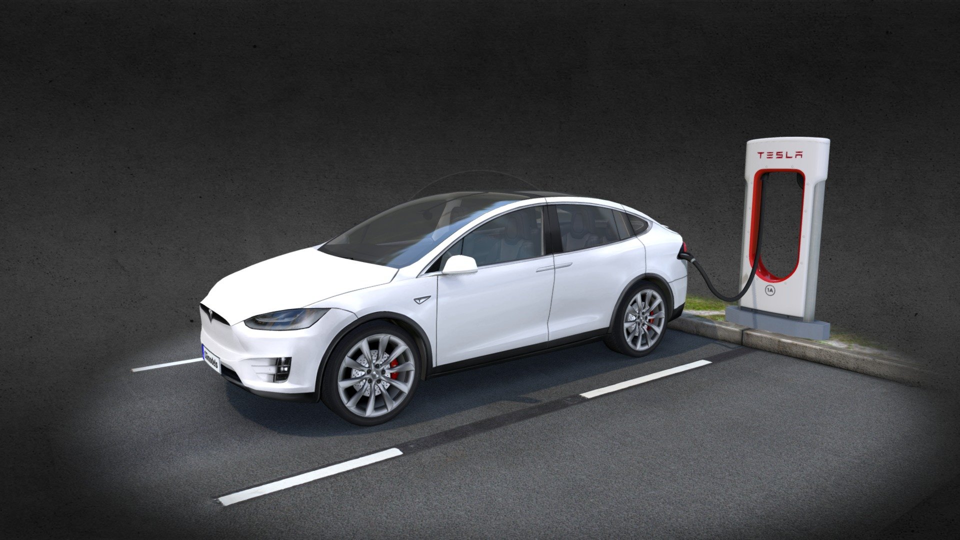 LOW-poly Tesla X scene with Supercharger, the low polygon count - Tesla X - Buy Royalty Free 3D model by stepanprokop 3d model