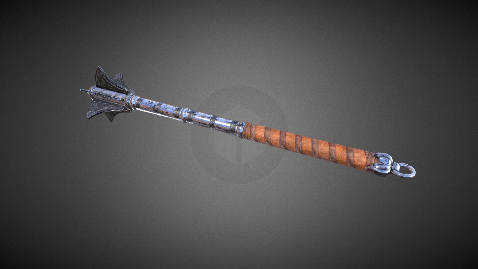 A mace is a blunt weapon, a type of club or virge that uses a heavy head on the end of a handle to deliver powerful blows. A mace typically consists of a strong, heavy, wooden or metal shaft, often reinforced with metal, featuring a head made of stone, copper, bronze, iron, or steel.

Info:
Polys: 1020
Tris: 2030
Verts: 1613

PBR textures:
-AlbedoTransparency
-AO
-MetallicSmoothness
-Normal
(all 2048-2048 size) - Mace - 3D model by Georg112 3d model