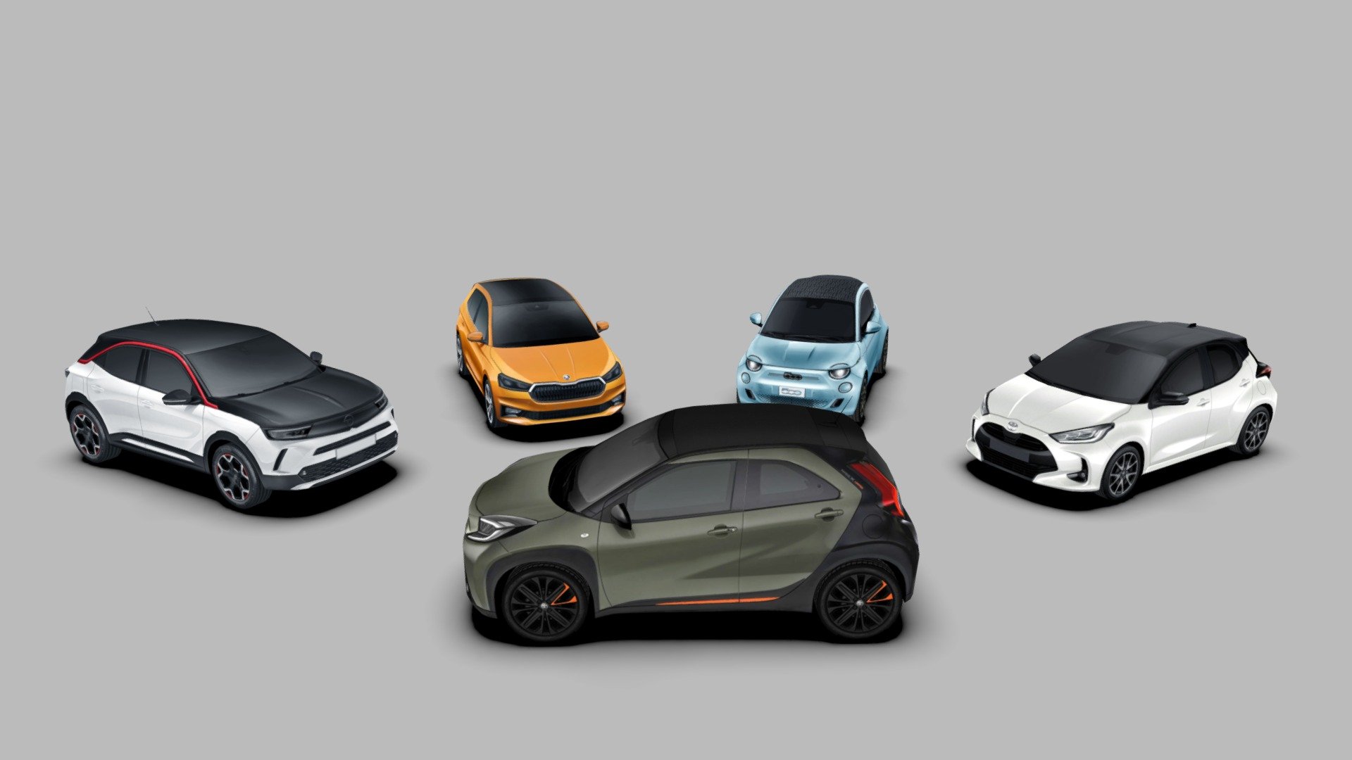 2020 Fiat 500

2021 Opel Mokka

2022 Skoda Fabia

2022 Toyota Aygo-X

2020 Toyota Yaris

All models are polygonal meshes with around 2.300 to 3.000 triangles.

The modulation has been simplified in order to reduce the file weight, but it guarantees the essential forms of the real models without being too faceted. Therefore is possible to use it in larger environments, such as parking lots or urban spaces, but also in projects that require more detail.

Low-poly models, on full-scale, with real photos textures (single 2048 x 2048 png texture each one), very light and fast to render.

Package includes 5 file formats and texture (3ds, fbx, dae, obj and skp)

Hope you enjoy it.

José Bronze - 5 City-cars pack - Buy Royalty Free 3D model by Jose Bronze (@pinceladas3d) 3d model