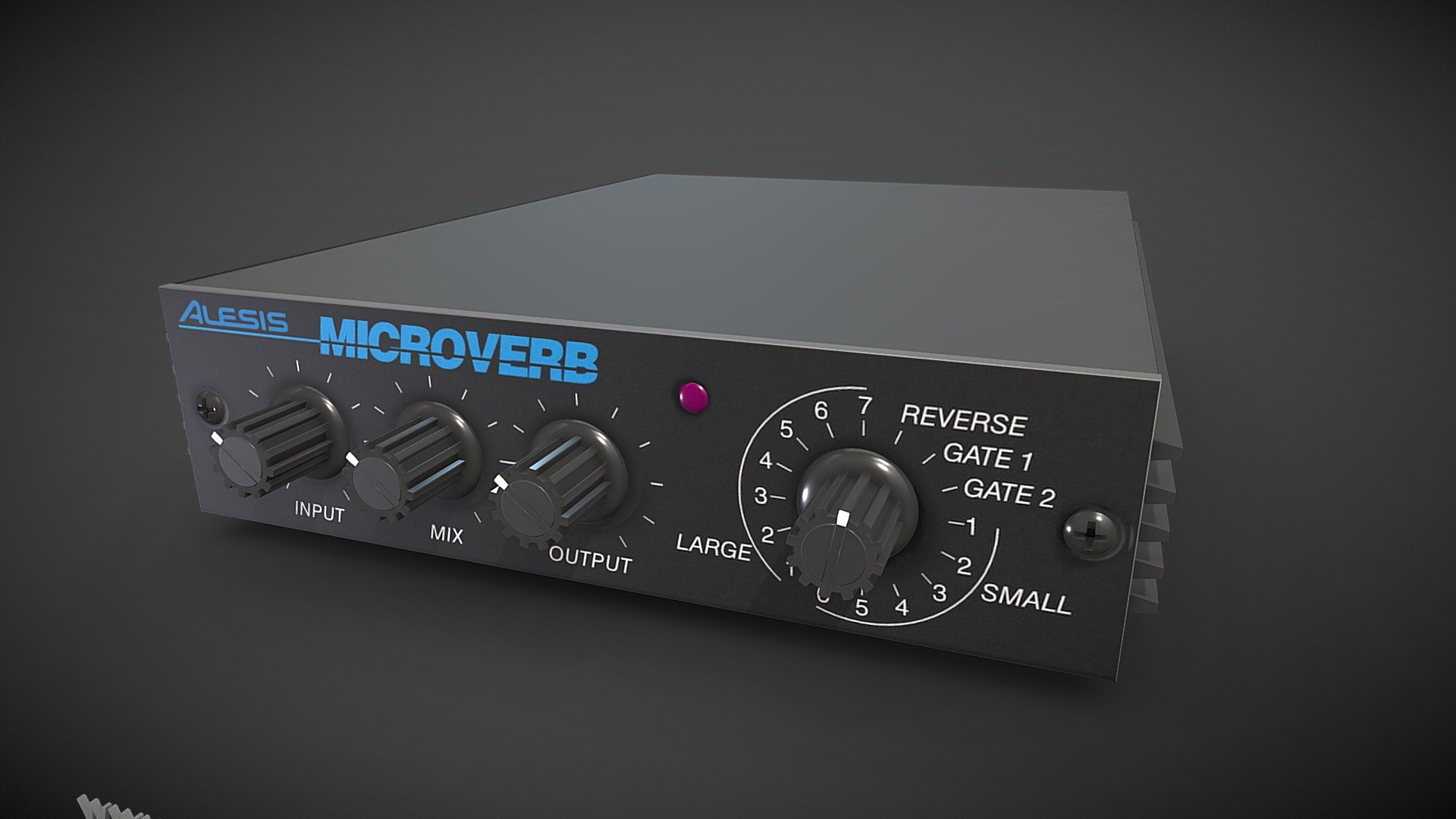 Neil Young's Alesis Microverb effect device. It's set to reverse reverb mode (only available on the 1986 version 1).
Larry Cragg: &ldquo;When he plays it it's almost atonal and you can hardly tell what note it is. It gets the high frequency feedback squeal. Used in conjunction with other things, it gets some very bizarre sounds.

More: https://www.rusted-moon.com - Alesis Microverb I - 3D model by Rusted Moon (@rusted-moon.com) 3d model