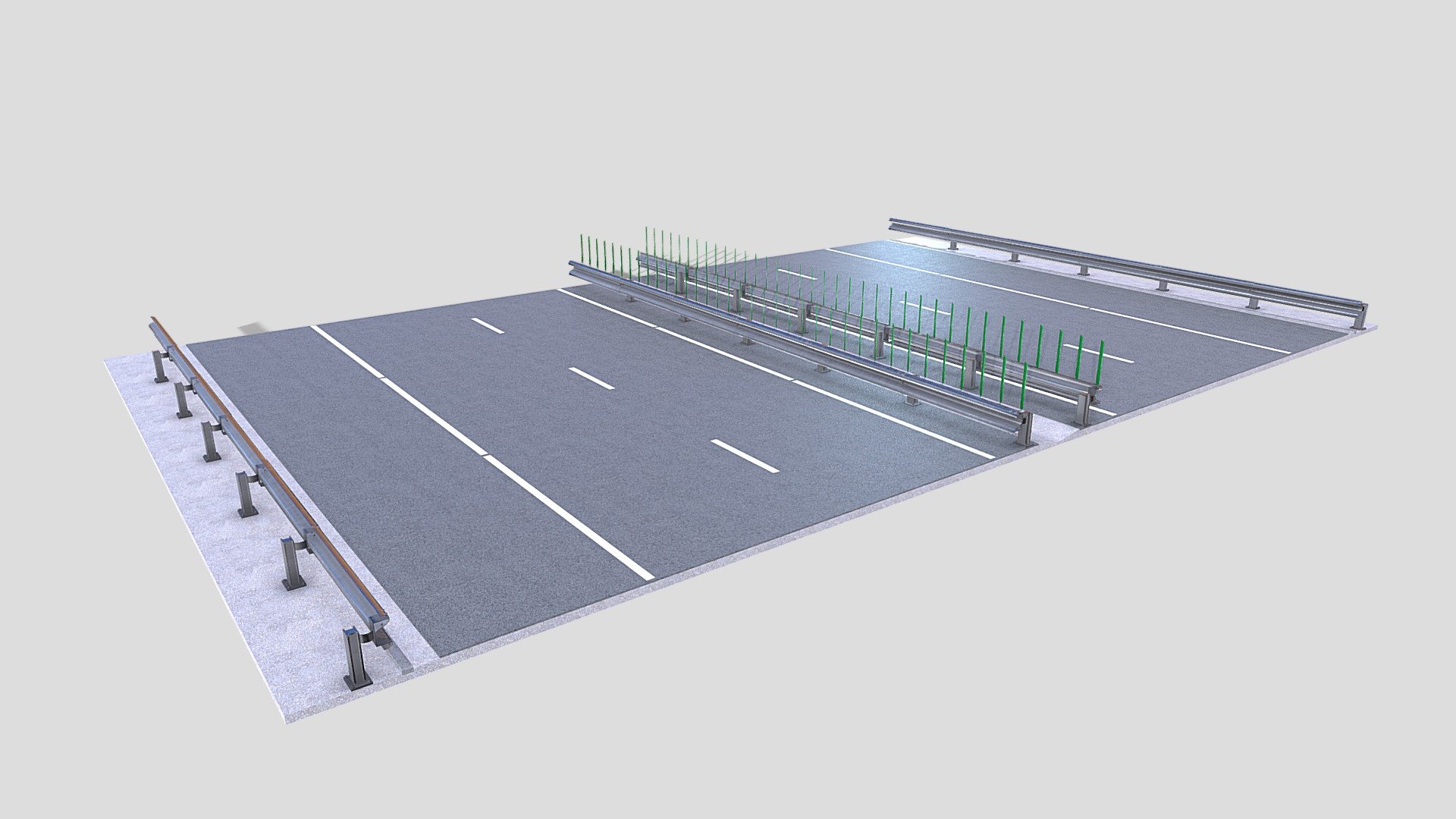 Tileable Freeway 3d model rendered with Cycles in Blender, as per seen on attached images. 
The model is made in a manner that allows it to be arrayed end to end, thus allowing to make the required length of the road as needed.

File formats:
-.blend, rendered with cycles, as seen in the images;
-.obj, with materials applied;
-.dae, with materials applied;
-.fbx, with materials applied;
-.stl;

Files come named appropriately and split by file format.

3D Software:
The 3D model was originally created in Blender 3.1 and rendered with Cycles.

Materials and textures:
The models have materials applied in all formats, and are ready to import and render.
Materials are image based using PBR, the model comes with five 4k png image textures.

The preview images are rendered in Blender using its built-in render engine &lsquo;Cycles'.
Note that the blend files come directly with the rendering scene included and the render command will generate the exact result as seen in previews.

Don't forget to rate and enjoy! - Tileable Freeway v1 - Buy Royalty Free 3D model by dragosburian 3d model