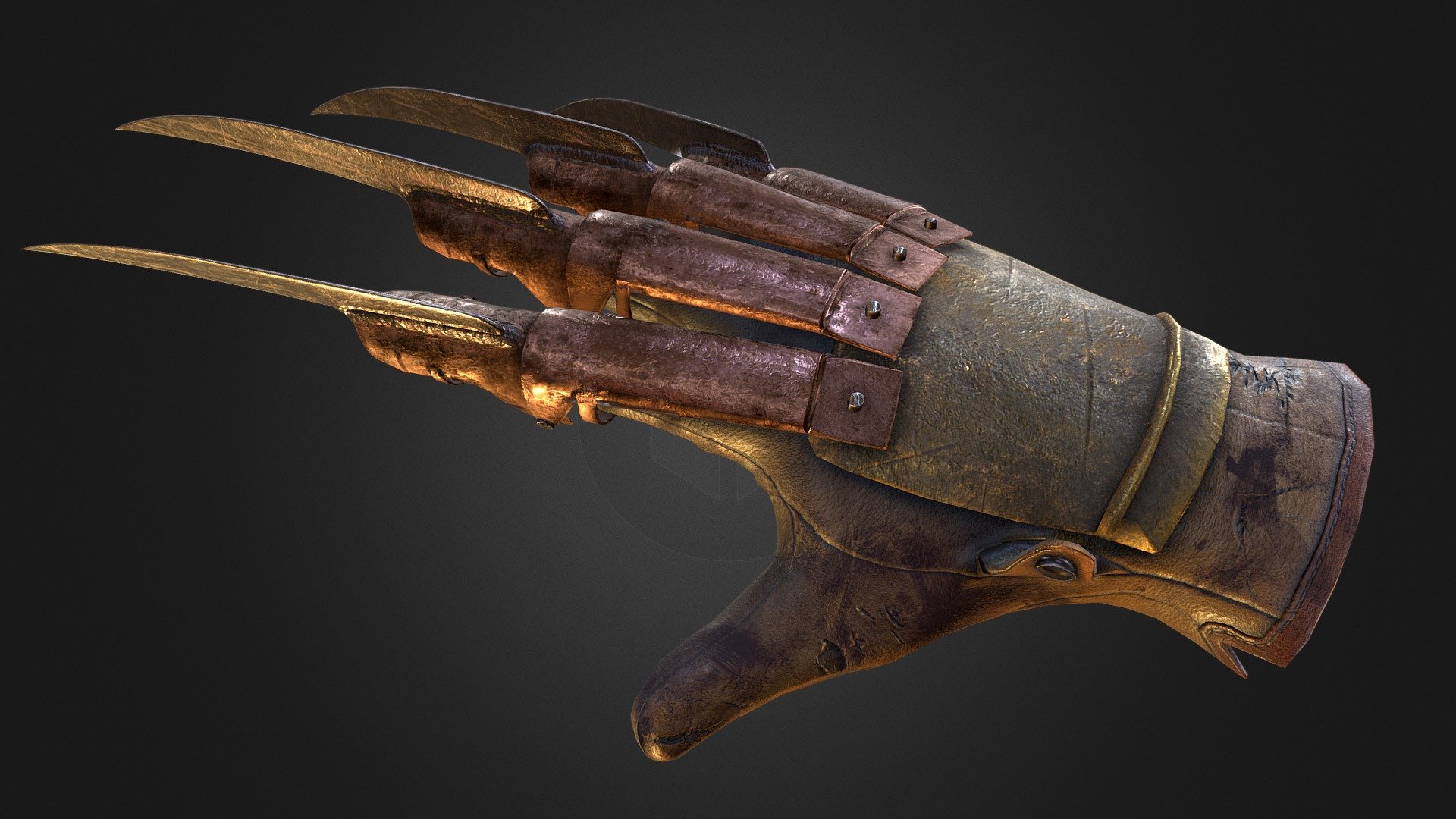 The claw is in one UV, however in the set version it will combine with other UV to save space.

A bit early for Halloween, but I will gradually put up his component as days goes by until Oct 31st.

The claw is designed as a accessory for all, so though there are holes in the original design. I didn't make them due to skin color variation. In case anyone wants to use them on different characters.

The finger is mainly made out of bronze, steel pivot, and welded steel for claw. Heavy stains and rust are added, consider how freddy died and where he last ends up. The leather is considerably stained with blood while I felt the metal would be cleaner.

The claw is the most component heavy, so I expect a easier production time from here.

2021/09/27 - Freddy's Claw - Buy Royalty Free 3D model by Armored Interactive (@ychiang6) 3d model