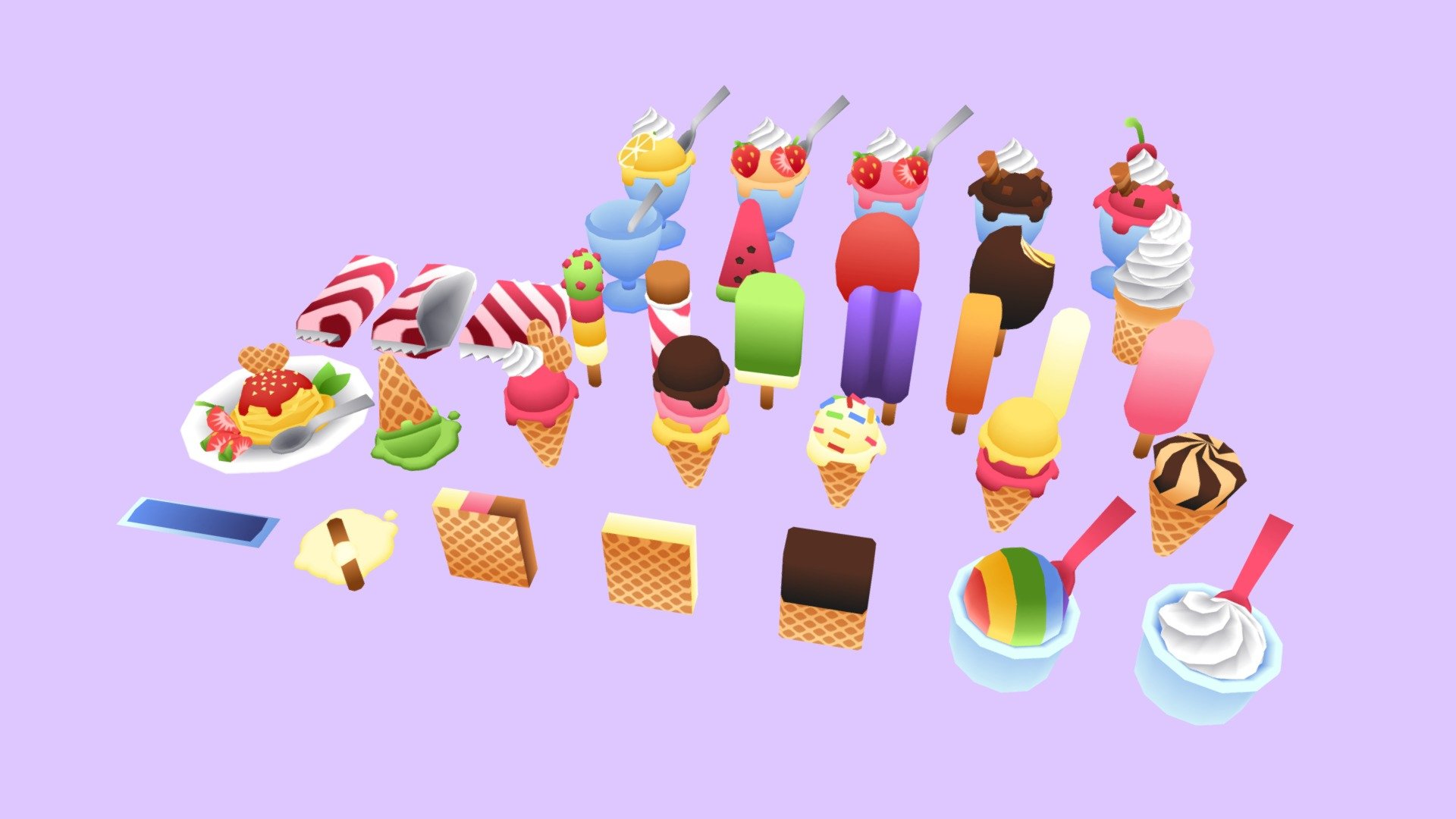 These cute and fun frozen treats are perfect for your lowpoly and mobile game needs.
Tris: 300tris average
Texture: 512x512px

These are part of >Jacky's Lowpoly Ice Cream Pack< on the Unity Assetstore.
https://tinyurl.com/jackysicecream - Lowpoly Ice Cream Pack - 3D model by Jacky Vintonjek (@JVintonjek) 3d model