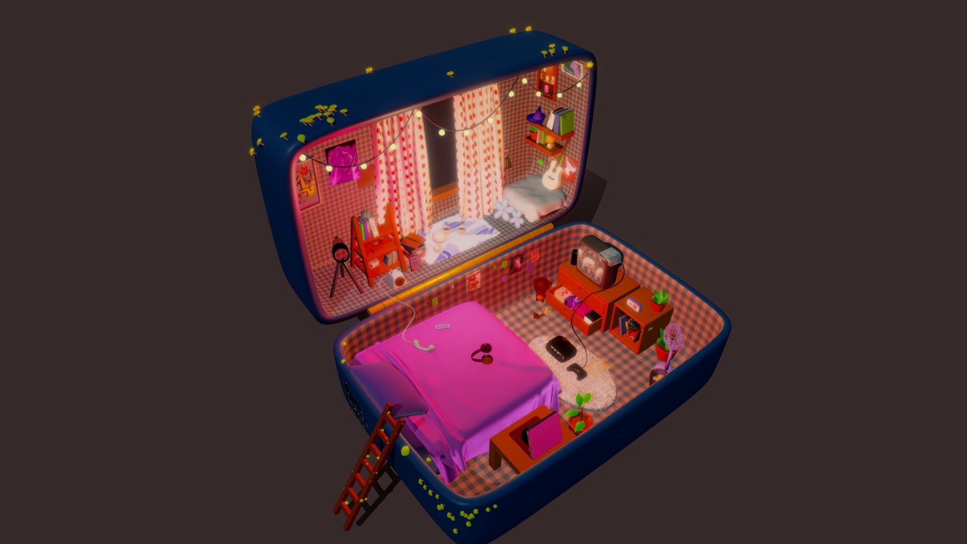 This is a room built on my memories of my childhood. 

The original concept artist goes by the name evergreenqveen on twitter and instagram and the kpop posters are sourced from https://campaigns.weverse.io/SEVENTEEN_BE_THE_SUN_NORTH_AMERICA and https://www.pinterest.com/pin/seventeen-magazine&ndash;596375175658763355/ - A 10 year old's room! - 3D model by MariGold (@MarishkaBhandari) 3d model