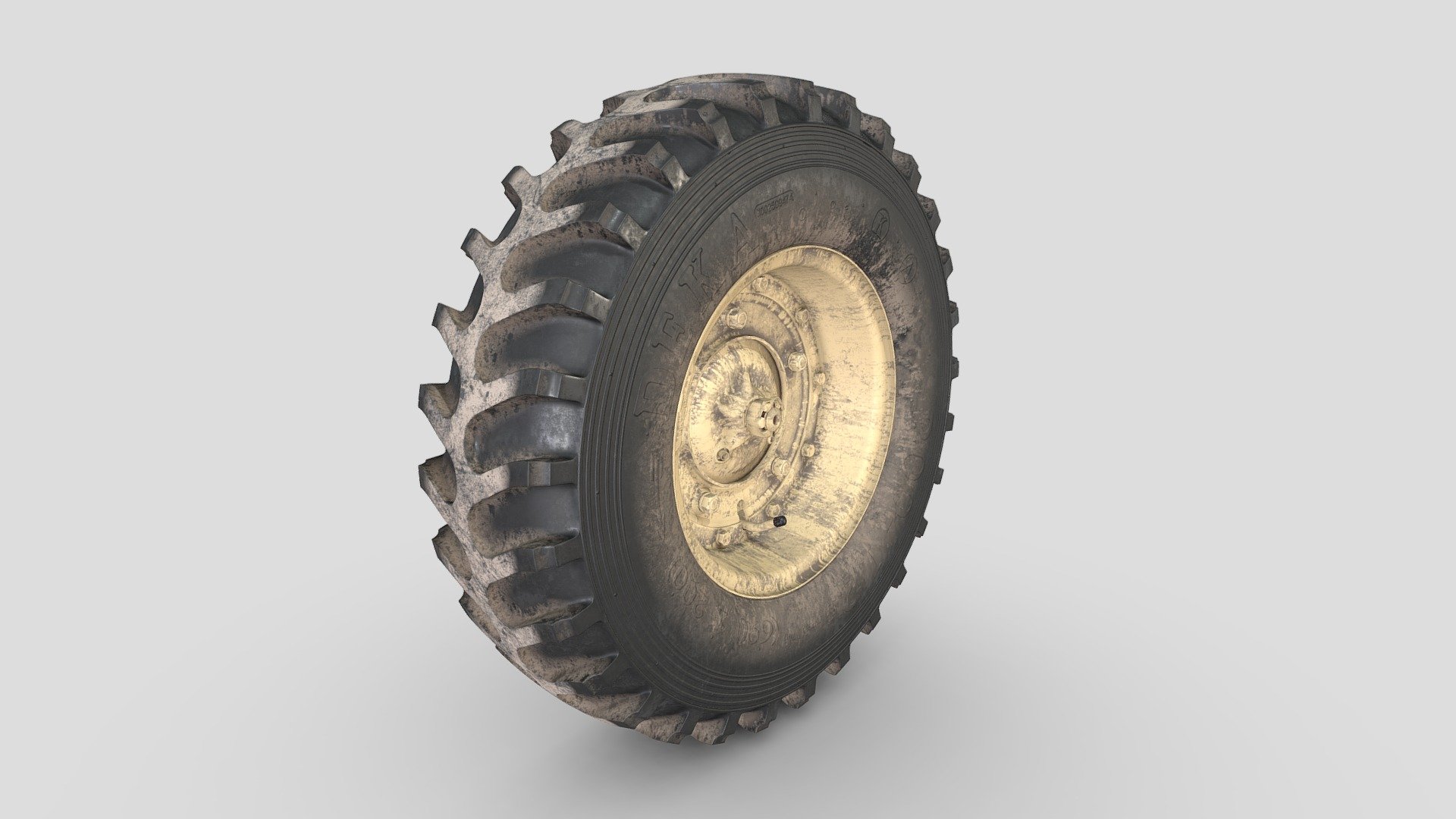 3d model-Rear wheel of a floating car Volkswagen Typ 128 (Schwimmwagen) / Tyre Deka Military. Color Dark Yellow. Little dirty 3d model