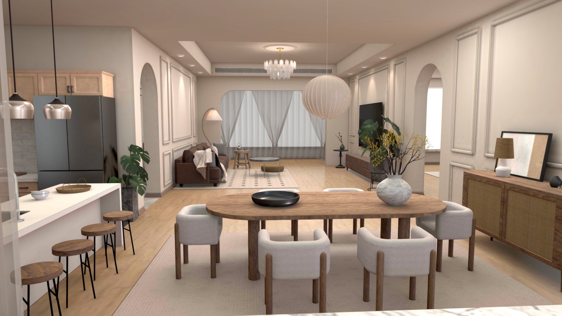 This is a WHOLE house design, including living room, dining room, bedroom, kitchen, balcony and a bathroom.

The design style of the house belongs to the fusion of European style and modern.

The use of more wooden furniture and marble materials gives the whole room a feel of warm and comfortable.

Some well-placed green plants also make the house full of vitality.

Colors ( including lighting and shadow and some reflections ) are already baked 3d model