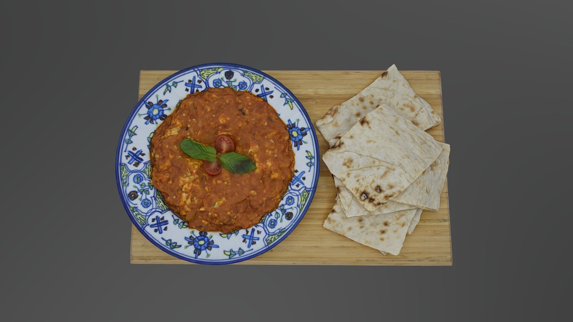 Baked crushed and smoked eggplant, well cooked with tomatos, garlic and eggs, served with persian bread 3d model