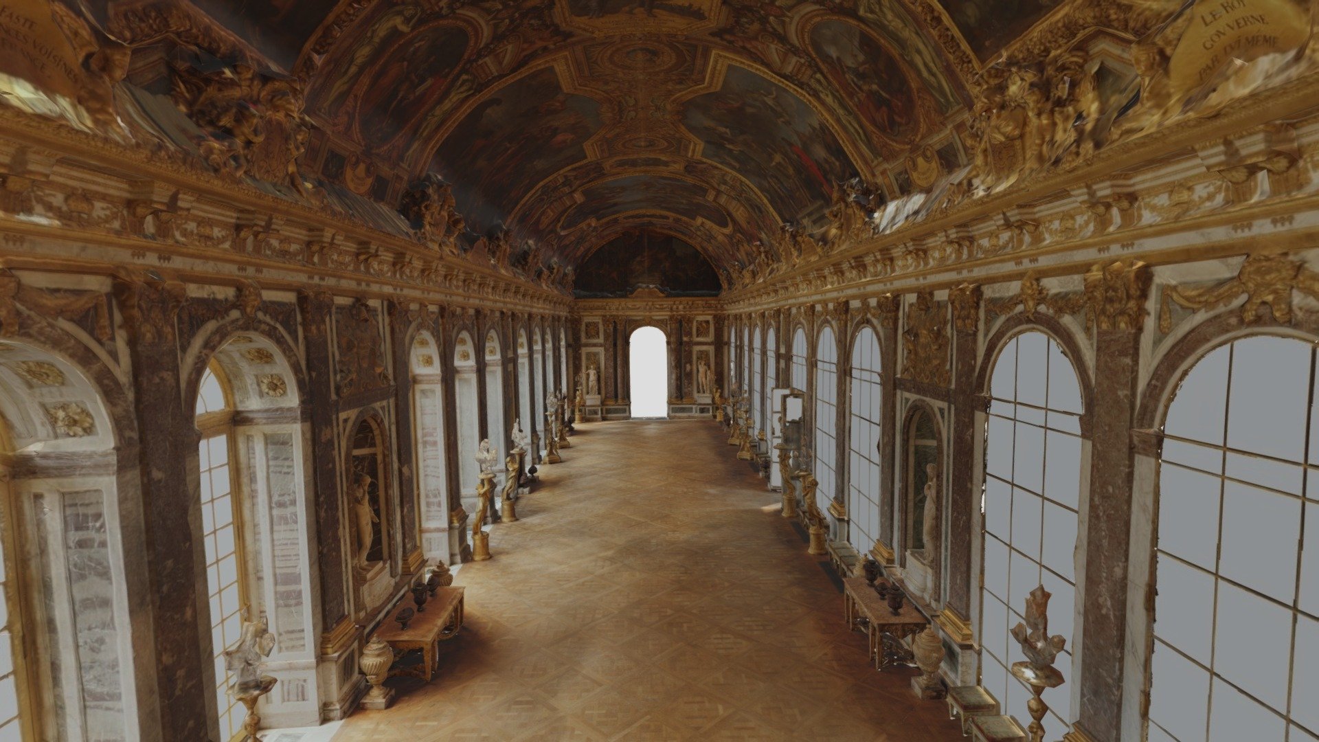 La galerie des Glaces exalte les succès militaires, économiques et artistiques de la France de Louis XIV. Elle est emblématique de la richesse de Versailles. Longue de 73 mètres, et haute de 10,50 mètres, le roi l’emprunte quotidiennement pour se rendre aux Appartements de la Reine ou à la chapelle royale. Lieu accessible à tous, elle sert principalement de salle des pas perdus, mais également de salle de jeux, de bal et de réception.

Crédits : Château de Versailles en collaboration avec Google Arts &amp; Culture

En savoir plus : https://www.chateauversailles.fr/decouvrir/domaine/chateau/galerie-glaces - La Galerie des Glaces - 3D model by Château de Versailles (@chateauversailles) 3d model