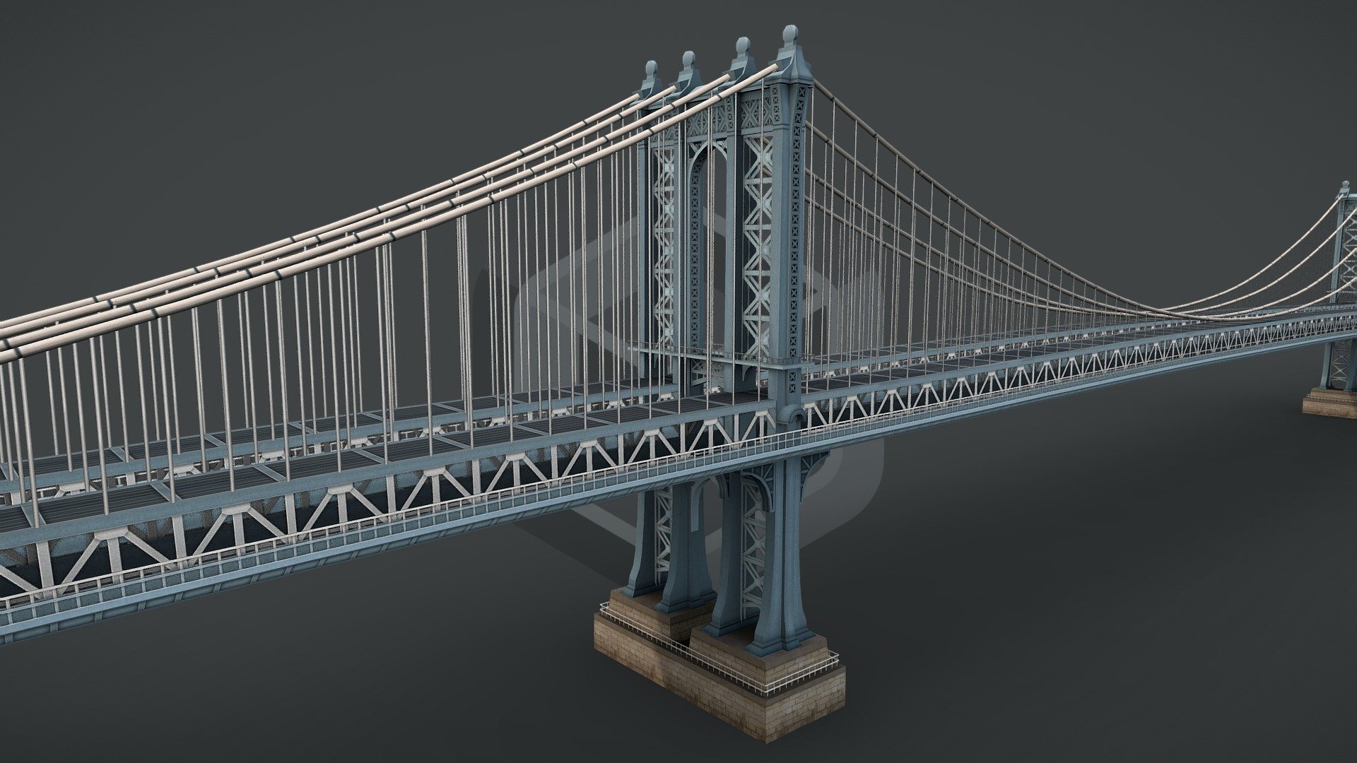 game ready

ideal as higher quality background object

good visual accuracy

real-world scale in meters: lenght appr. 2000 m

PBR specular workflow ready

lowpoly mesh with 8520 tris

100% triangulated

100% unwrapped non-overlapping

2 x uv layouts

2 x texture sets for 2 x material id´s

10 x native 4096 x 4096 px textures

2 x base diffuse, 2 x specular diffuse, 2 x gloss, 2 x normal dx, 1 x opacity mask

part on alpha has an additional .tga with alpha channel

included native file format 3dsmax 2014

additional file formats 3ds, dae, fbx, obj
 - Manhattan Bridge New York - Download Free 3D model by CGAmp 3d model