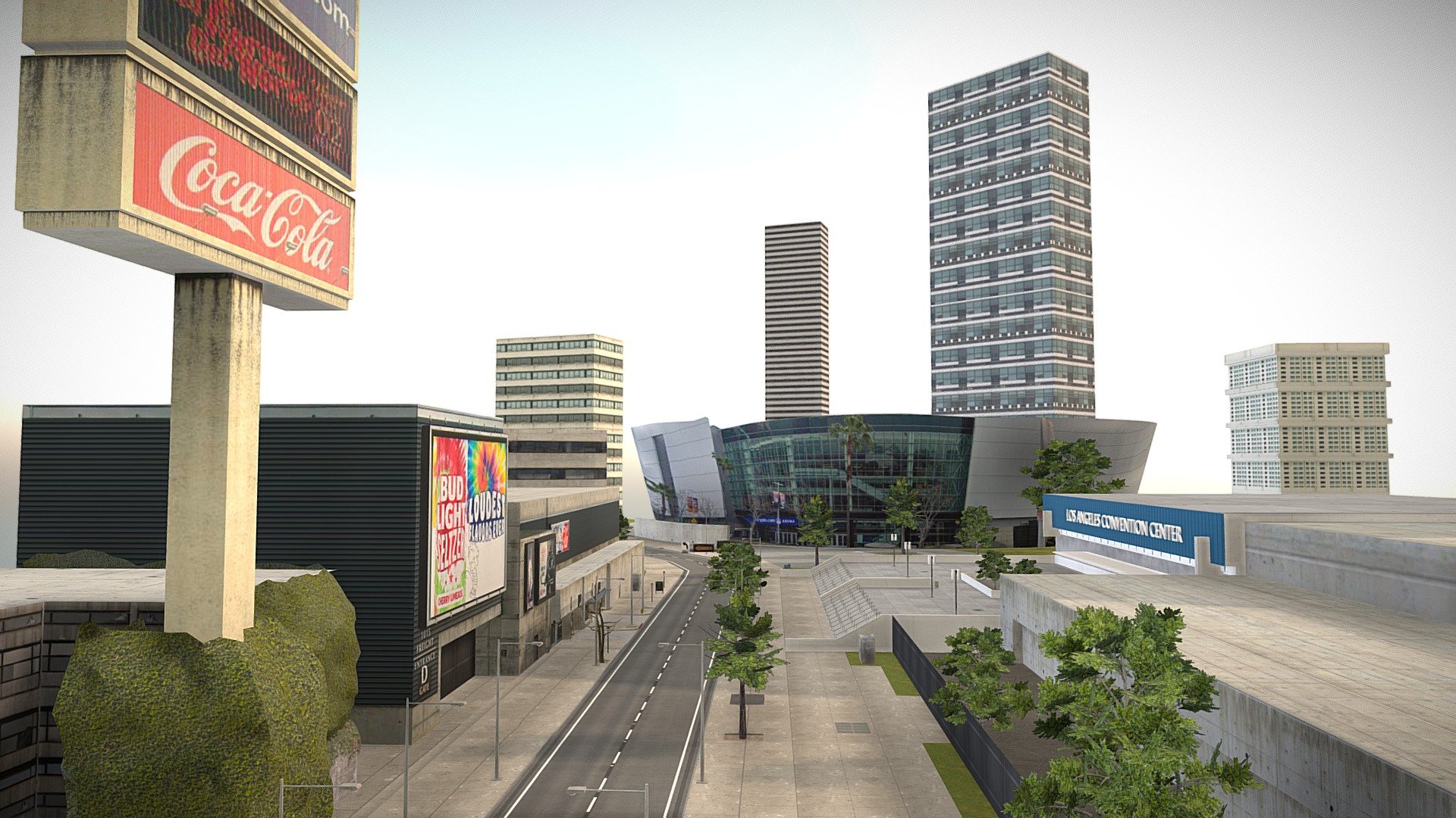 I put this scene together as a mobile-game MOD for an app called TRUE SKATE
(you can click here to check out some gameplay: https://youtu.be/FgObnbupvQE )

The Staples Center (stairs in front of the Convention Center) is a very famous skate spot.

I spent a good amount of time in Google Earth, and used screenshots from there to make a texture-atlas for the buidings, to make sure things looked right.
Project was modelled and textured in Blender.  A couple of the street-costruction props(.fbx) were imprted and placed around, other than that everything was modelled and textured myself.
It's extremely low poly (as it's for a mobile game) 3d model