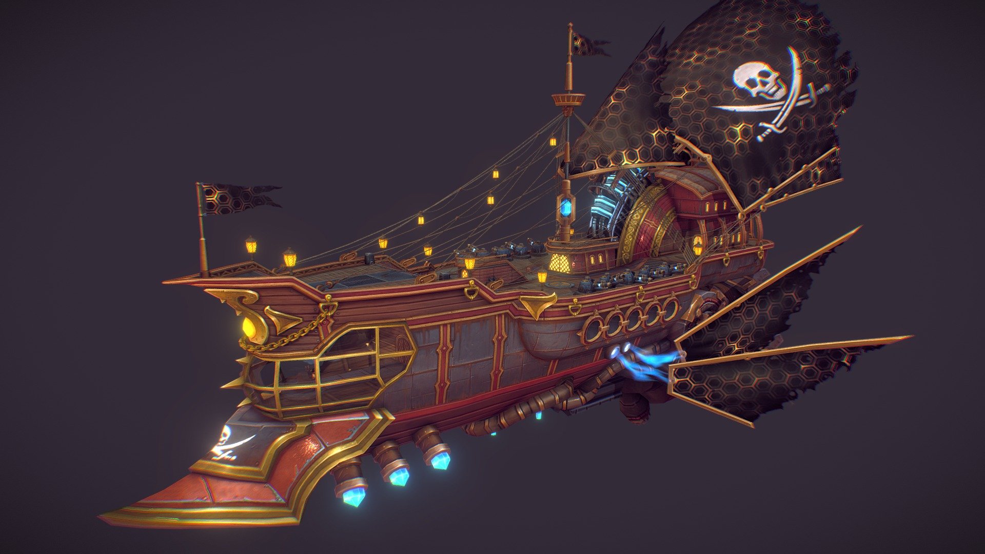 Heavy Battleship «Avenger» made for Cloud Pirates game. Design based on the legendary Hadagan Pirate Ship from the Allods Online game.
Art-direction: Evgeny Lashev
Modeling: Ivan Antonov
Texturing:  Ivan Antonov, Natalia Tvorogova

More shots included destroyed version: https://www.artstation.com/artwork/8lVGaw - Heavy Battleship «Avenger» - 3D model by Lain Iwakura (@lain_iwakura) 3d model