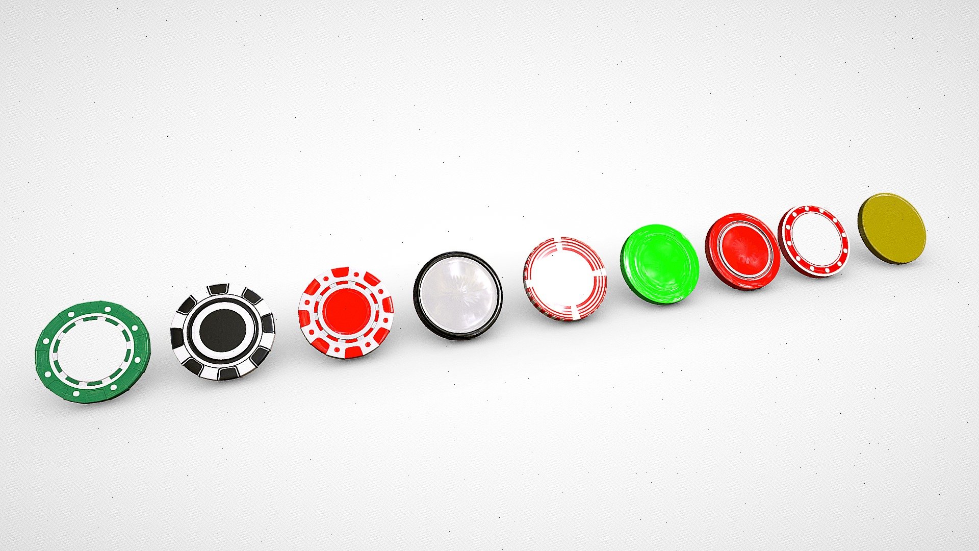 This high-quality 3D model represents a set of casino chips, a staple in the world of gaming and gambling. The model accurately depicts the physical design and features of casino chips commonly used in various games.

The casino chips are designed with a circular shape, featuring a combination of vibrant colors and intricate patterns. The model showcases the front and back of the chips, highlighting details such as denominations, logos, and any unique artwork or branding specific to the casino.

The edges of the chips may feature texturing or detailing to emulate the feel of authentic casino chips. Additionally, the model accurately represents the stackability of the chips, an essential feature in casino gaming 3d model