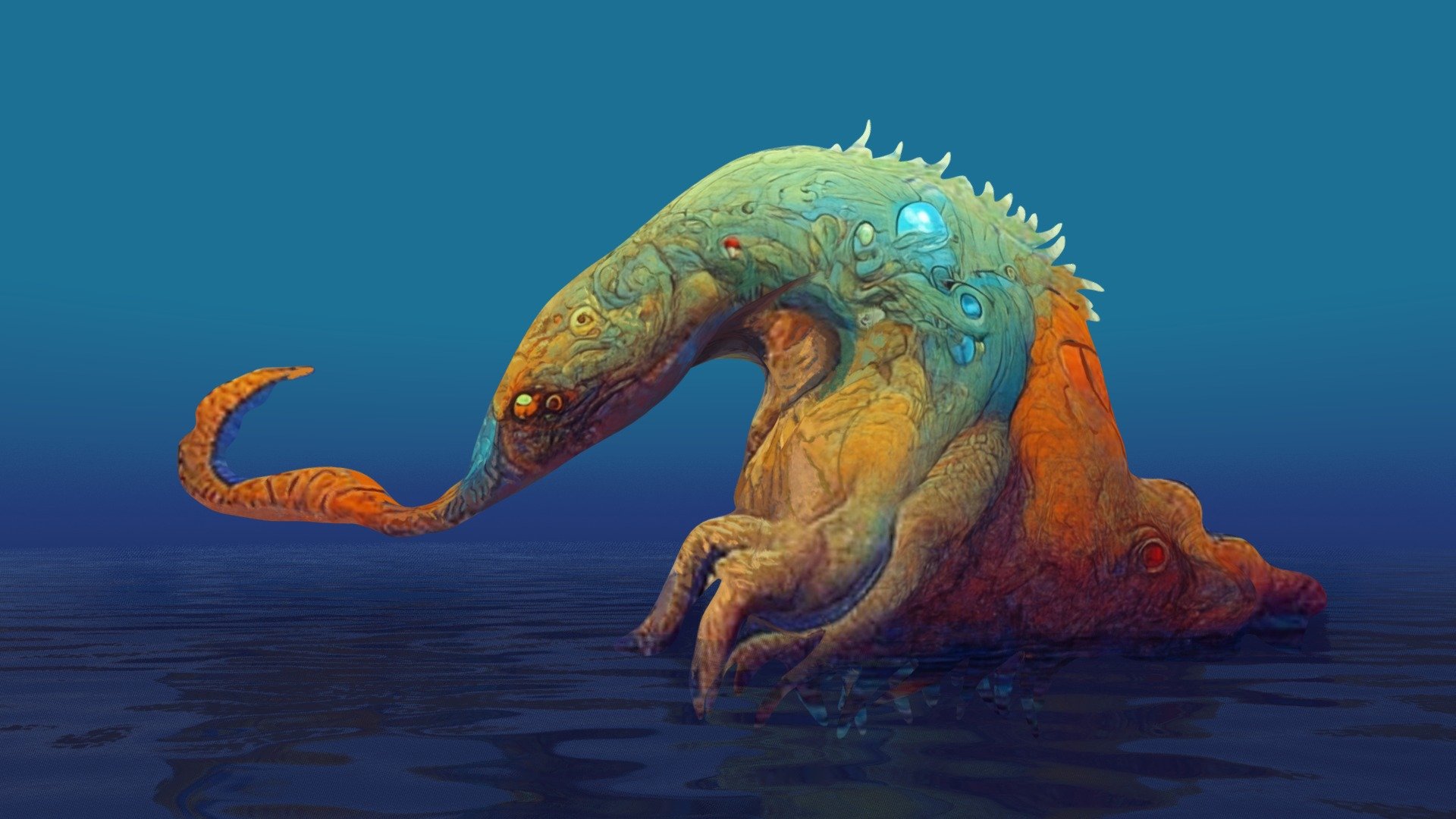 As a part of tech art challenge, I decided to try out a Midjourney -> 3D workflow. The concept was created in mid journey, then I sculpted the model, created the enviroment and projected the textures on the sea monster. The rest was some hand painting the textures to fix stuff here and there 3d model