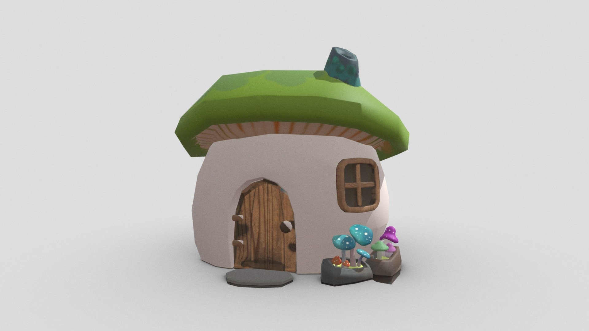 Casita con forma de seta y ventana lateral con sombrero azul. Modelada y texturizada por Verónica Quirell para Fire Montains, diseño basado en los concept creados por la artista Ana Rocío Cordobés 3d model