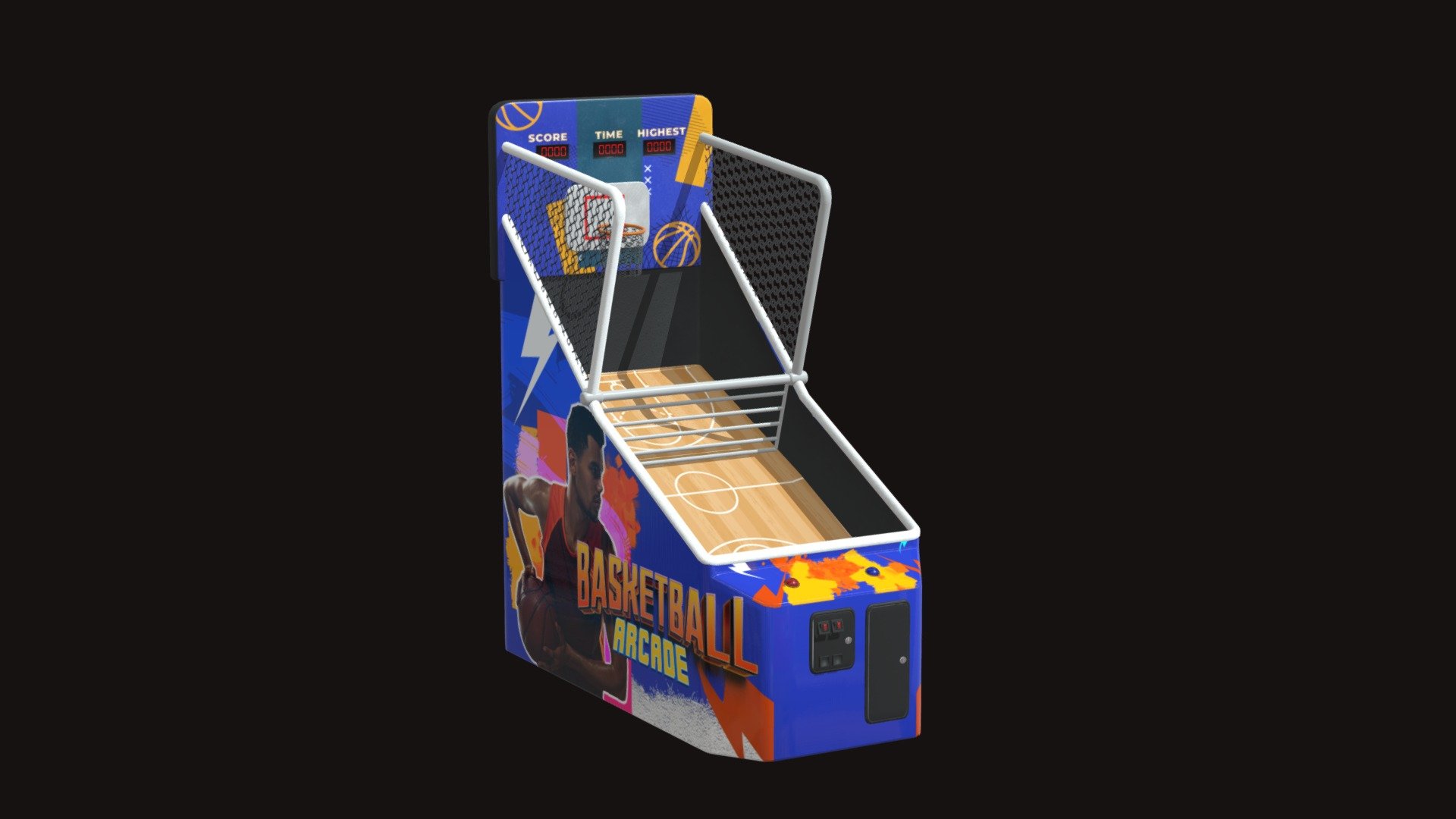 A basketball arcade machine is a common electronic game in amusement parks, arcades and other entertainment venues. These machines usually feature an upright design, with a miniature basketball hoop located on top.

PT-BR
Uma máquina arcade de basquete é um jogo eletrônico comum em parques de diversões, arcades e outros locais de entretenimento. Essas máquinas geralmente apresentam um design vertical, com uma cesta de basquete de tamanho reduzido localizada no topo 3d model