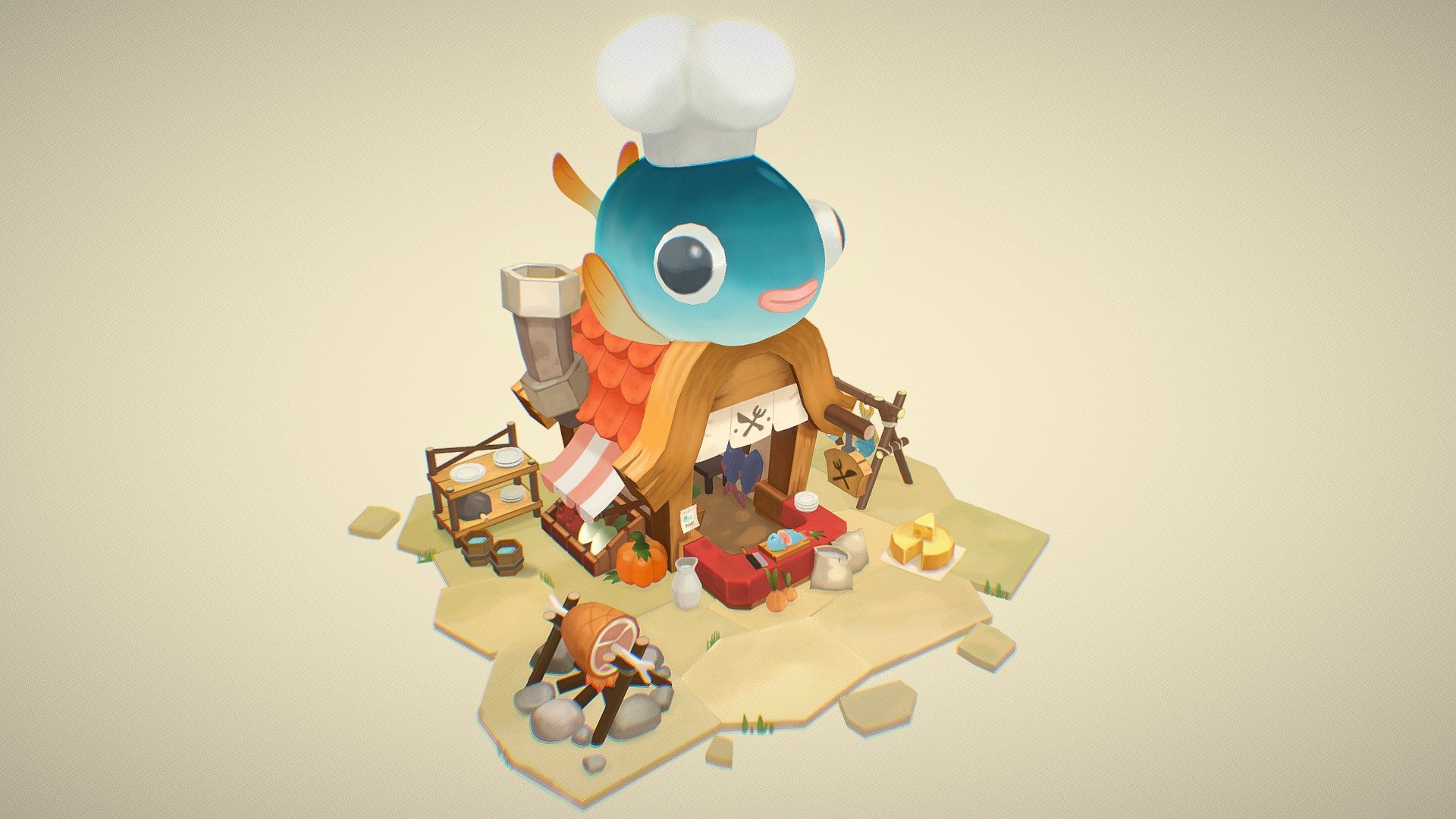 First upload in 2020! This one was a cool little project to practice more hand-painted textures :3
Concept by HJW: https://www.artstation.com/user-8077 - Fish Shop - 3D model by Slo-mo Witch (@SloMoWitch) 3d model