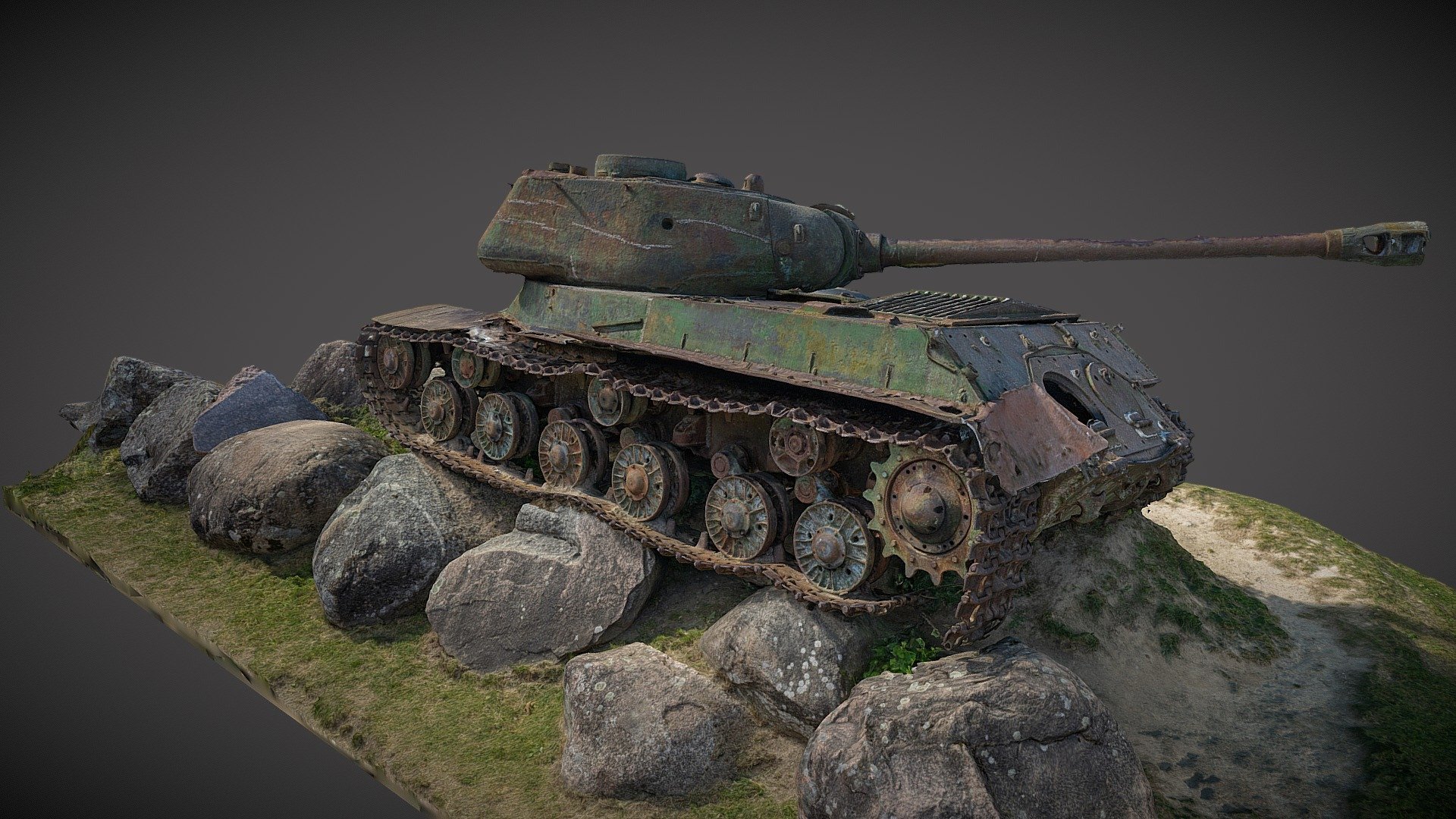 The IS-2 (Russian: ИС-2) is a Soviet heavy tank, the first of the IS tank series named after the Soviet leader Joseph Stalin. It was developed and saw combat during World War II, and saw service in other Soviet allied countries after the war.

During WWII this tank hit a mine in Salantai (Lithuania) and was damaged.

Photogrammetry recreation in RealityCapture from 306 images 3d model