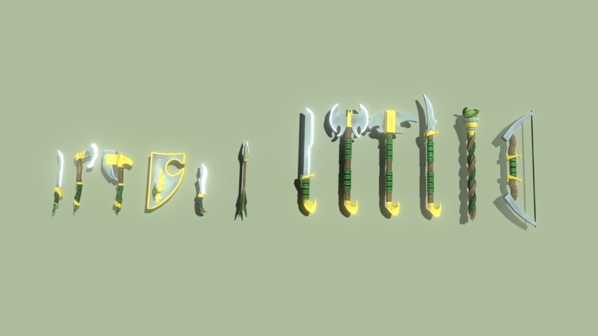 a set of low-poly elves one-and two-handed weapons. one-handed: sword, axe, hammer, shield, blade and arrow. two-handed: sword, axe, hammer, spear, staff and bow. files: obj, fbx, blend - elves weapons - 3D model by penqin (@pinqin) 3d model