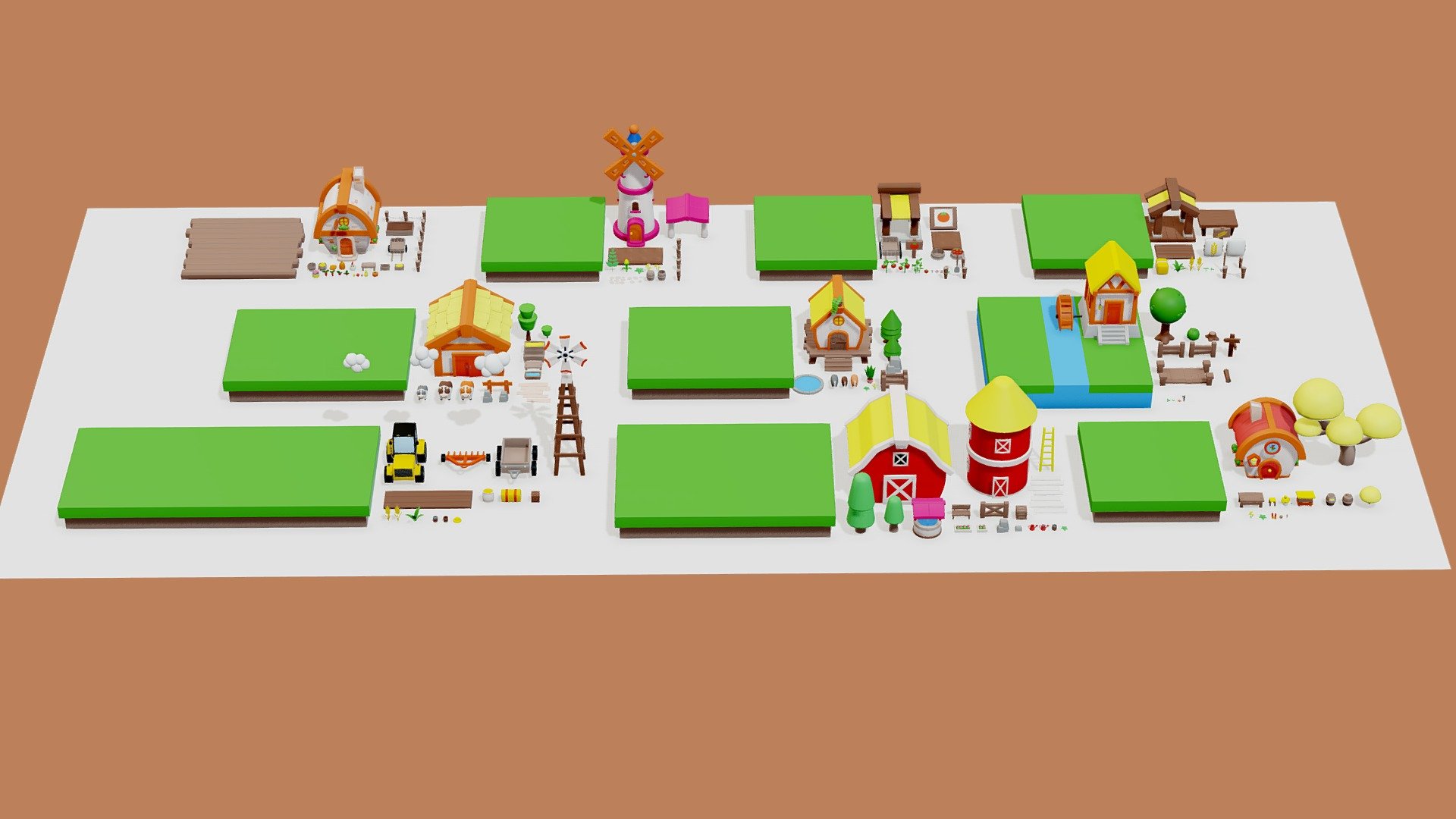 part of Cartoon Farm Islands / Exteriors dowload here

One texture (2048/1024/512/256/128px) and one material are used for the whole set

335 k triangles full set (exteriors)

Exteriors props:




Buildings (houses, mills, barns, warehouses, platforms, well)

Landscape/Vegetation (trees, stump, lake, paths, stones, bushes, gardens, plants, flowers, carrots, beets, apples, corns, turnip, pumpkin, tomatos, wheat ear)

Animals (cows, pigs, chikens, bees)

Props (tractor, tractor plow, trailer, carts, buckes, boxes, benches, fences, barrels, paths, sighns, shovel, haystacks, bridge, log, axe, lamps, ladder, waterings can and much more)

Files: Unity  Unreal Engine 5.2 package (is compatible with version UE 5.3)  Blender  fbx  obj  glTF

If you have any questions feel free to contact us - Exteriors Cartoon Farm Islands - 3D model by Mnostva 3d model