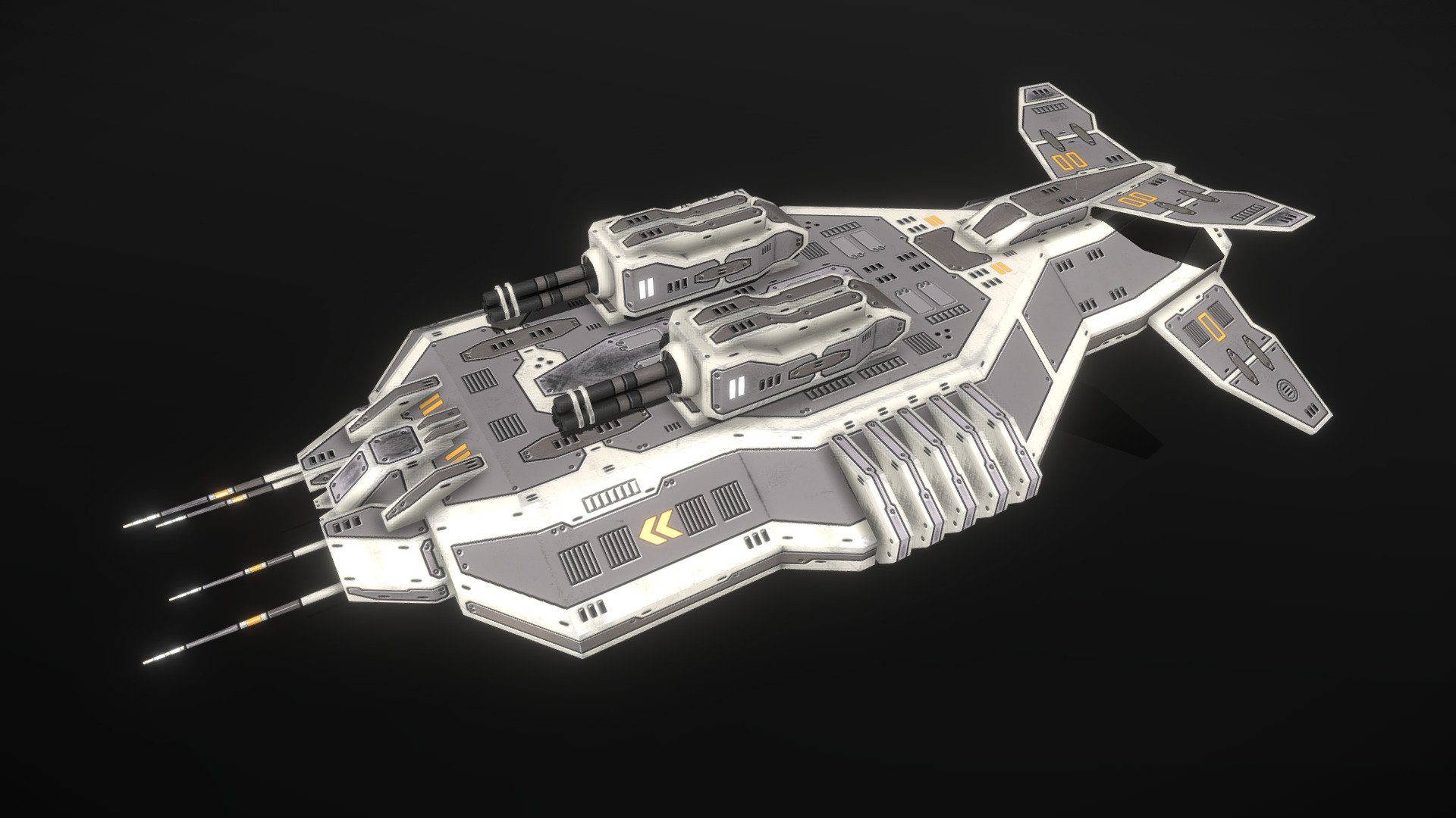 This is a model of a low-poly and game-ready scifi spaceship / space structure model. 

The weapons are separate meshes and can be animated with a keyframe animation tool. The weapon loadout can be changed too. 

The model comes with several differently colored texture sets. The PSD file with intact layers is included.

If you have purchased this model please make sure to download the “additional file”.  It contains FBX and OBJ meshes, full resolution textures and the source PSDs with intact layers. The meshes are separate and can be animated (e.g. firing animations for gun barrels, rotating turrets, etc) 3d model