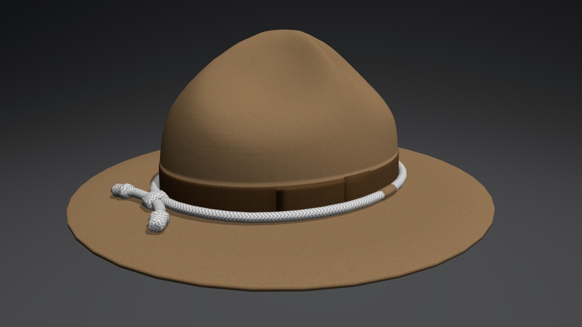 A campaign hat, sometimes called campaign cover, is a broad-brimmed felt or straw hat, with a high crown, pinched symmetrically at the four corners. The hat is most commonly worn as part of a uniform, by such organizations as the Royal Canadian Mounted Police, the New Zealand Army, United States Park Rangers, and Scouts. The campaign hat is occasionally referred to as a Stetson, derived from its origin in the company's Boss of the Plains model in the late 19th century. It should not be confused with the Stetson style cowboy hat, which has a different brim and crease, nor a slouch hat.

*1 model (medium poly) with textures and materials 3d model