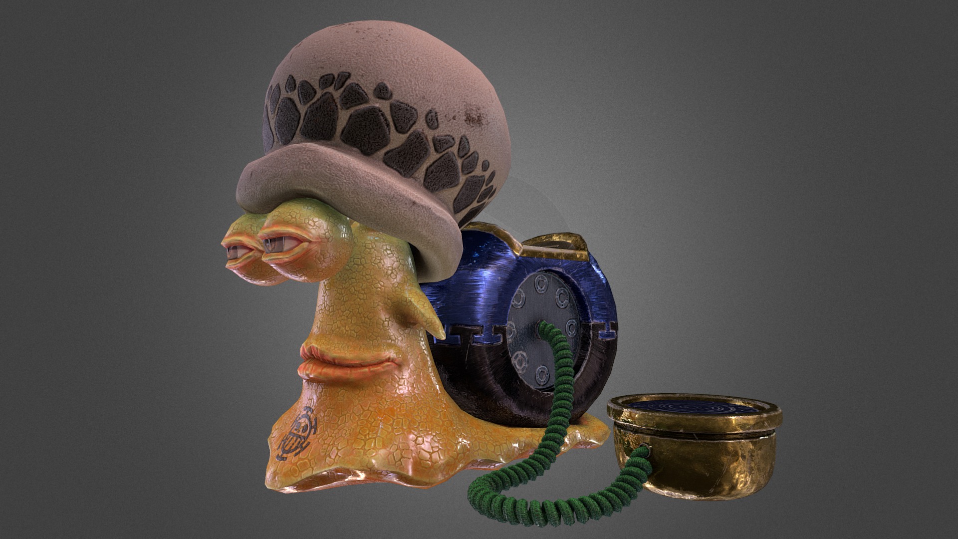 Feel like doing a fanart of  One Piece series. The Transponder Snail (Den Den Mushi) for Trafalgar Law.. :) :D  In One Piece, the Den Den Mushi are snails that are used for communication or visual aid.

artstation link - https://www.artstation.com/artwork/dA4Xx - Den Den Mushi - Law (Fan Art) - 3D model by asern_afri 3d model