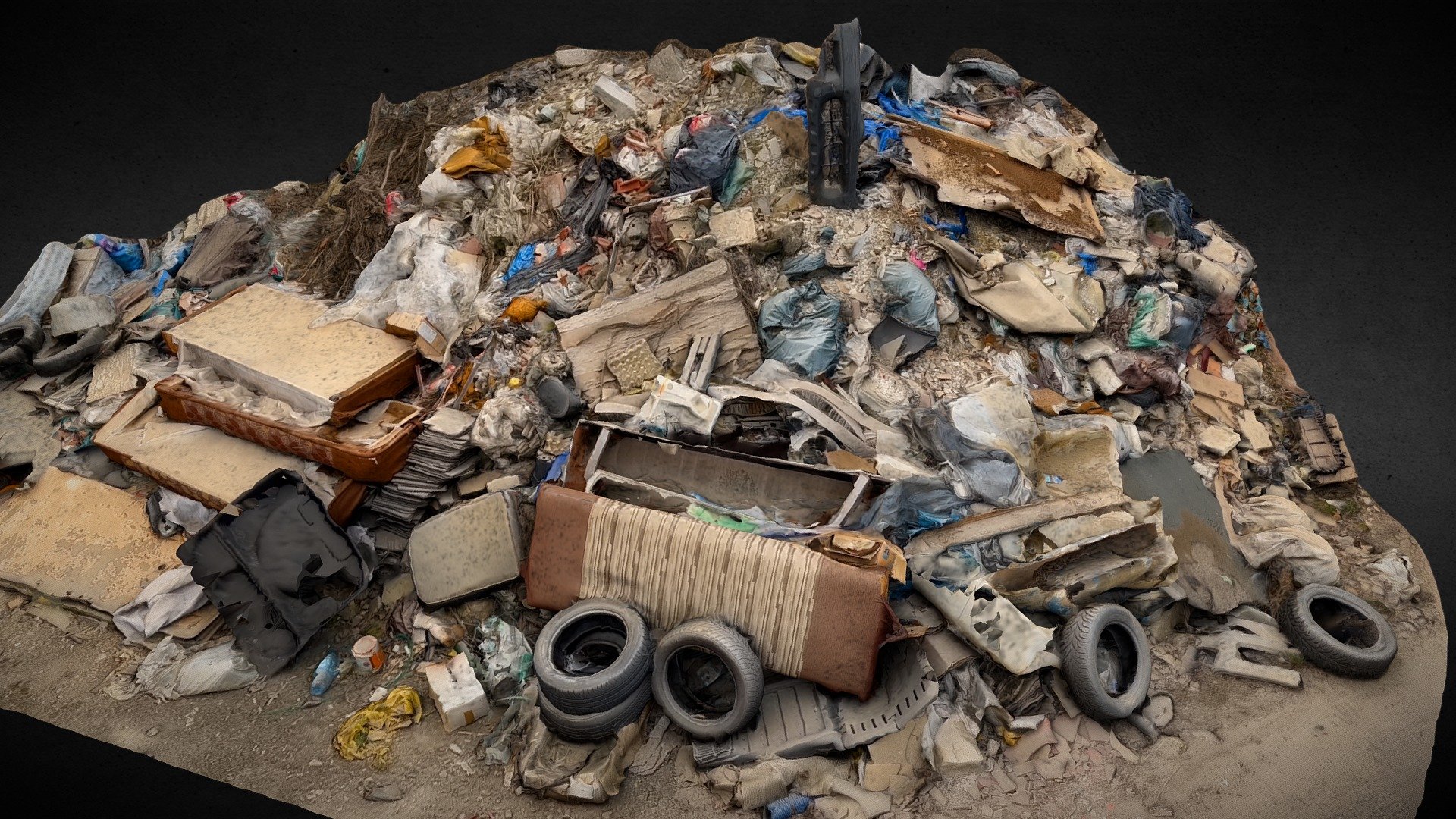 made on canon mkII lens 35mm
maps 8k: diffuse
maps 4k: roughness, nrm, bump, ao
cleaned geometry, remesh - zbrush low poly
textures link:
https://drive.google.com/file/d/16JKG_ek9P6B8ZGDyWkTnEQ_VKTOmCYOJ/view?usp=sharing - trash pile mixed photoscan - Buy Royalty Free 3D model by looppy 3d model