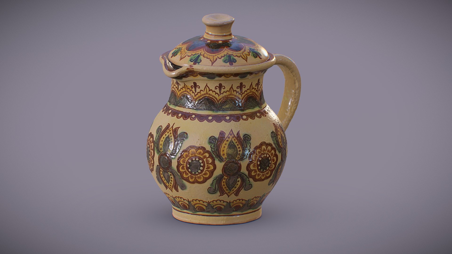 A clay jug with an ornament represents the traditions of Kosiv ceramics, which are on the list of the intangible cultural heritage of Ukraine. This technique was formed in the 18th century in the Hutsul region and is still preserved in several local villages. Each product of Kosiv ceramics is unique as each is handcrafted. Paintings are usually done in 3 colors (yellow, green, and brown) and reflect authentic ornaments, Hutsul life, and beliefs, or biblical stories.

Глечик, косівська кераміка

Глиняний глечик з орнаментом представляє традиції Косівської кераміки, що входить до списку нематеріальної культурної спадщини України. Ця школа сформувалася у XVIII ст на Гуцульщині і досі зберігається у кількох місцевих селах. Кожен виріб Косівської кераміки є унікальним, бо робиться вручну. Розписи зазвичай виконуються 3-ма кольорами (жовтим, зеленим та коричневим) і відображають автентичні орнаменти, життя та вірування гуцулів або ж біблійні сюжети 3d model