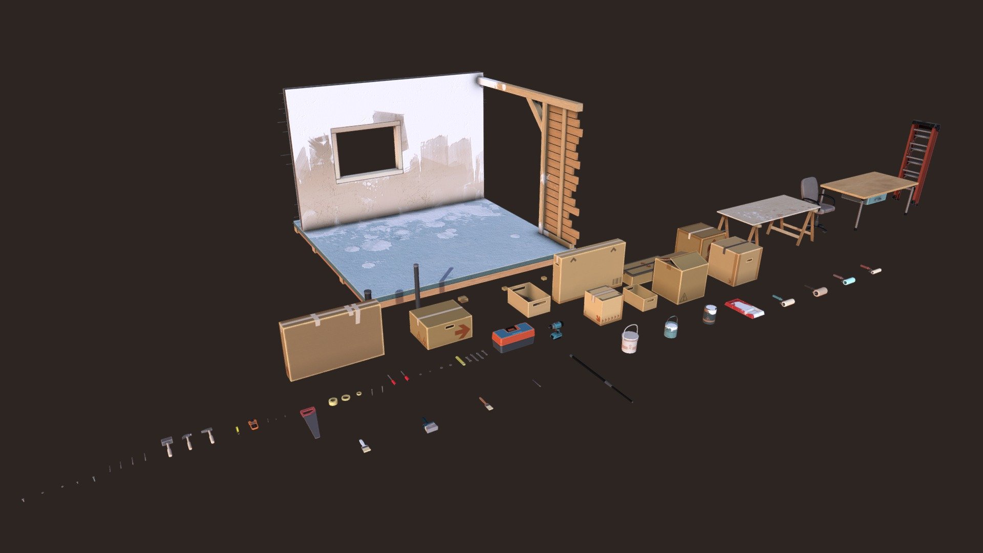 A collection of various work tools, and pbr props you can use to detail your scene!
In the asset you'll find: work tools, painting tools,
two work tables, a chair, ladders and buckets, boxes and much more!
You'll find 3 .fbx versions: 
-Props_Freezed: all the props are freezed at 0,0,0 
-Props_Showcase: all the props are in a row
-Single prop fbx - PBR Work Tools - Buy Royalty Free 3D model by BlackSpire 3d model