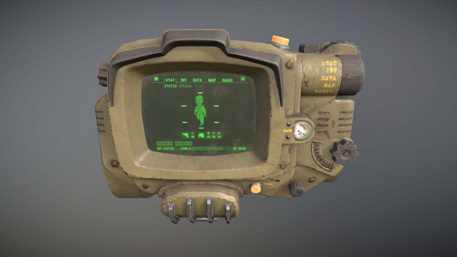Fallout 4's Pip Boy fan art.

Modelling, UV in Blender, Texturing in Substance Painter, Graphics made in Photoshop, Bake and Render in Marmoset Toolbag.

This is a Low Poly model, ready for game.

Faces : 6501 Vertices : 6772

Textures : Albedo, Roughness, Metallic, Emission, Height and Normal.

Textures Size : 2048x2048 3d model