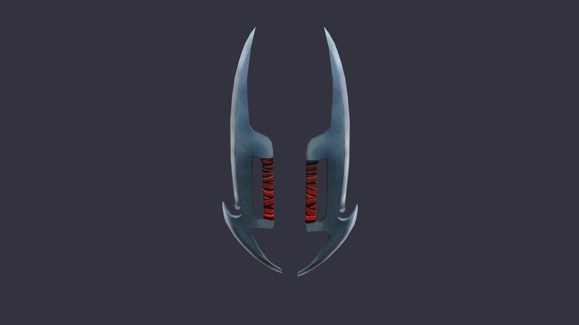 One of a set of lowpoly fantasy weapons. A pair of very spiky daggers with sharp spikes pointing both forward and back. Inspired by Chinese mandarin duck knives. 
One daggers has 364 tris, both together would be 728 tris. They use the same 512x1024 pixel hand-painted texture 3d model