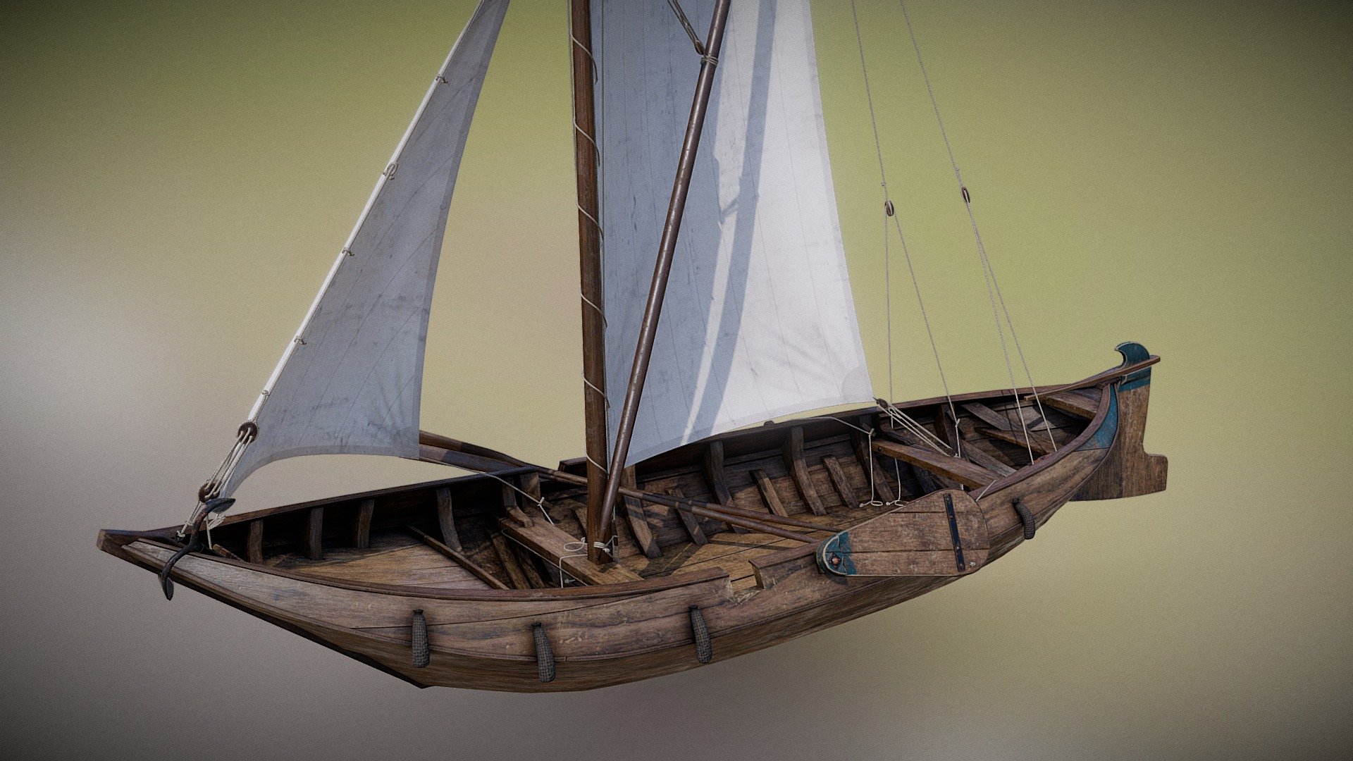 Few fishing ships in Dutch history have as long a lineage as the Hoogaars. Invented in the inland delta of the Southern Lowlands at the end of the middle ages. This ship was exceptionally well designed for the shallow waters and the moving tides.

The flat bottom allows it to lay dry with low tide, allowing the fishermen to collect buckets of mussels, which they then bring back home when the tide rises again. This particular boat the older sprit design for rigging, which later, in several variants of the boat turned into a gaff design.

The boat was just small enough to be rowed if the wind was lacking, two men with oars on either sides and some good old muscle power.

The model is packed with high resolution pbr textures, ready to be used in modern games or film projects. Additional custom sail poses or higher resolution textures available on demand, reach out to me for more information on that 3d model