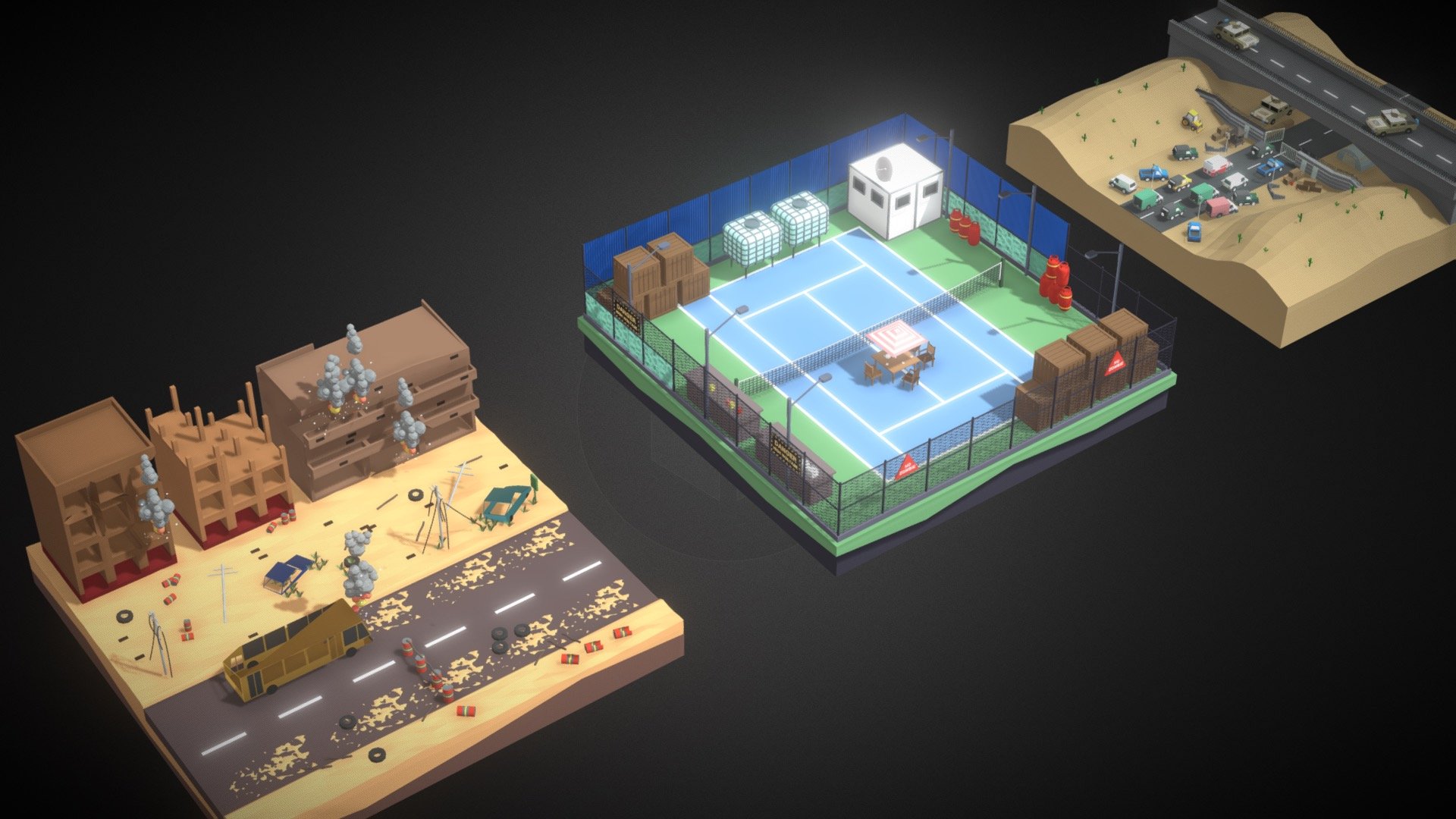 An environment set that optimally covers land and sea for Zombie game environments. The best zombie store for environment elements. A zombieland prepared to kickstart your game development.

Probs: 
- Tires 
- Factory 
- Gas station 
- Fuel station 
- Petrol pump 
- Car service center 
- Ship 
- Cargo 
- Sea shore 
- Shipyard 
- Dockyard 
- Circus 
- Wagon Wheel 
- Feast 
- House Fire 
- Construction site 
- Factory fire 
- Vehicles on road 
- Lawn Tennis court 
- Date on a Tennis court 
- Over bridge 
- Traffic halt 
- Vehicle and road in Desert 
- Railway station 
- Train station 
- Metro trains 
- Camping site 
- River bank 
- Palm trees 
- Graveyard 
- Christian Graveyard 
- City roads 
- Garbage on city roads 
- Sky scrapers 
- Buildings 
- Tunnel 
- Mountain tunnel 
- Beach side camping 
- Beach house 
- Boats 
- Equipments store 
- Manufacturing house 
- Volcano 
- Mountain sea shore 
- Volcanic eruption 
- Aeroplanes wreckage 
- Scrap store 
- Garage - Polygon Zombie Environment Pack - Buy Royalty Free 3D model by StreakByte 3d model