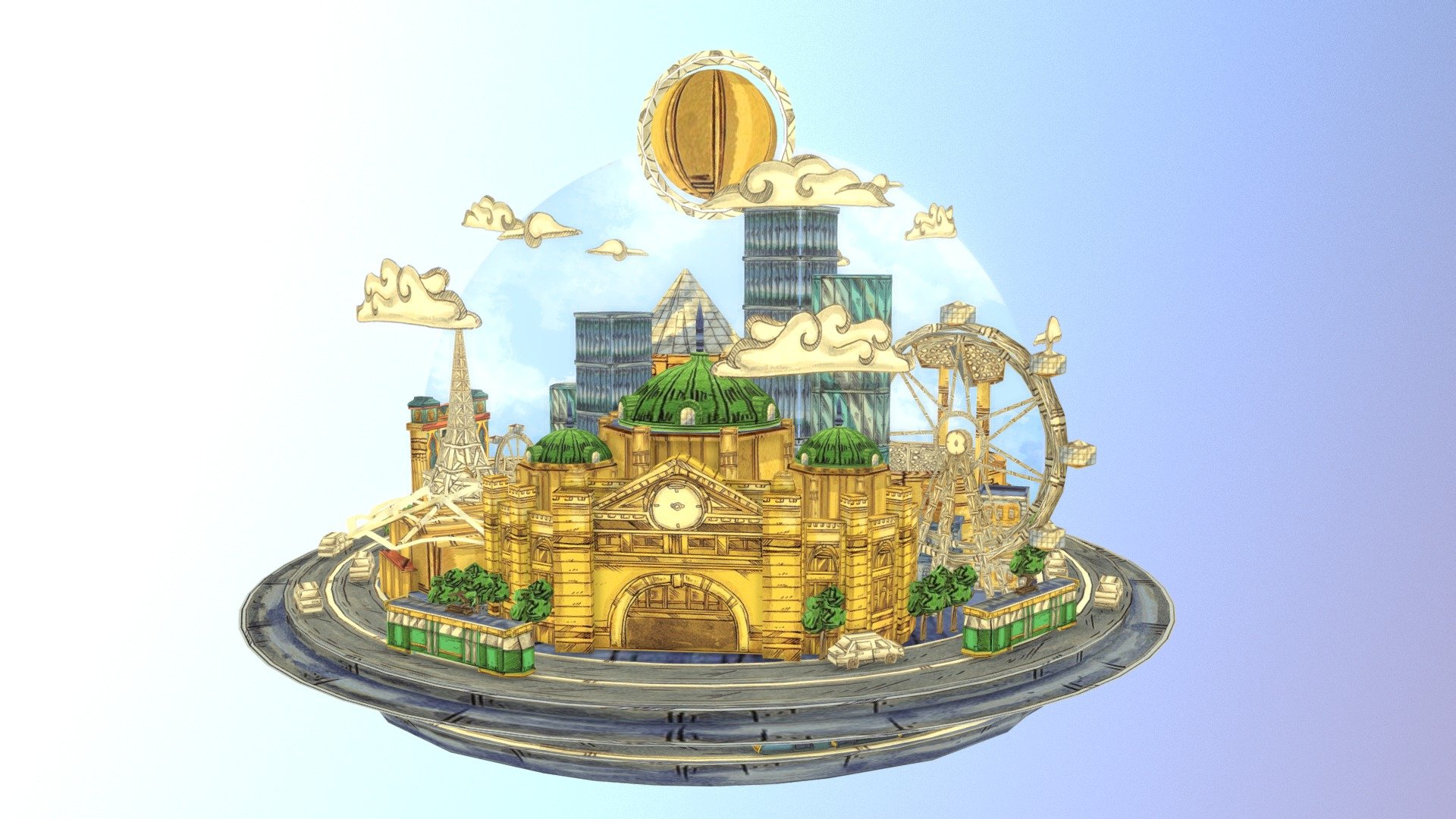 Created a Carousel for City of Melbourne's Knowledge Week Festival celebrating our iconic 4 season in one day weather (Look underneath the work ;) )
I've been using my own hand drawn illustrations as textures for my creations and am continuing to push into their aesthetic.
This work also comes alive as an Augmented Reality Artwork:
https://www.facebook.com/mr.marcomatic/videos/10155302332364594/ - The 4 Seasons of Melbourne (IN ONE DAY) - 3D model by Marc-O-Matic 3d model